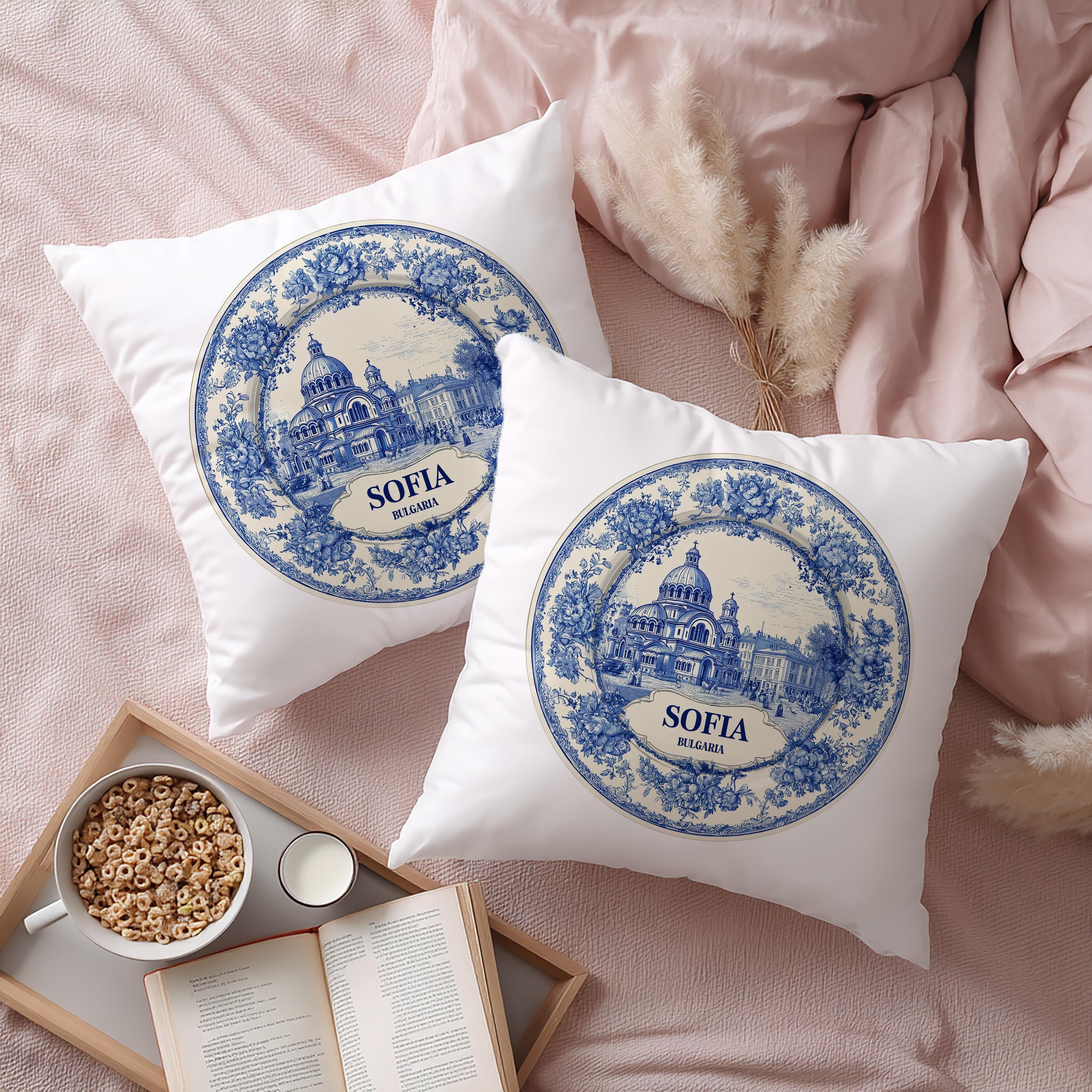 Sofia Bulgaria Pillowcase, Delft Style Decorative Throw Pillow, Vintage Cityscape Retro Home Decor