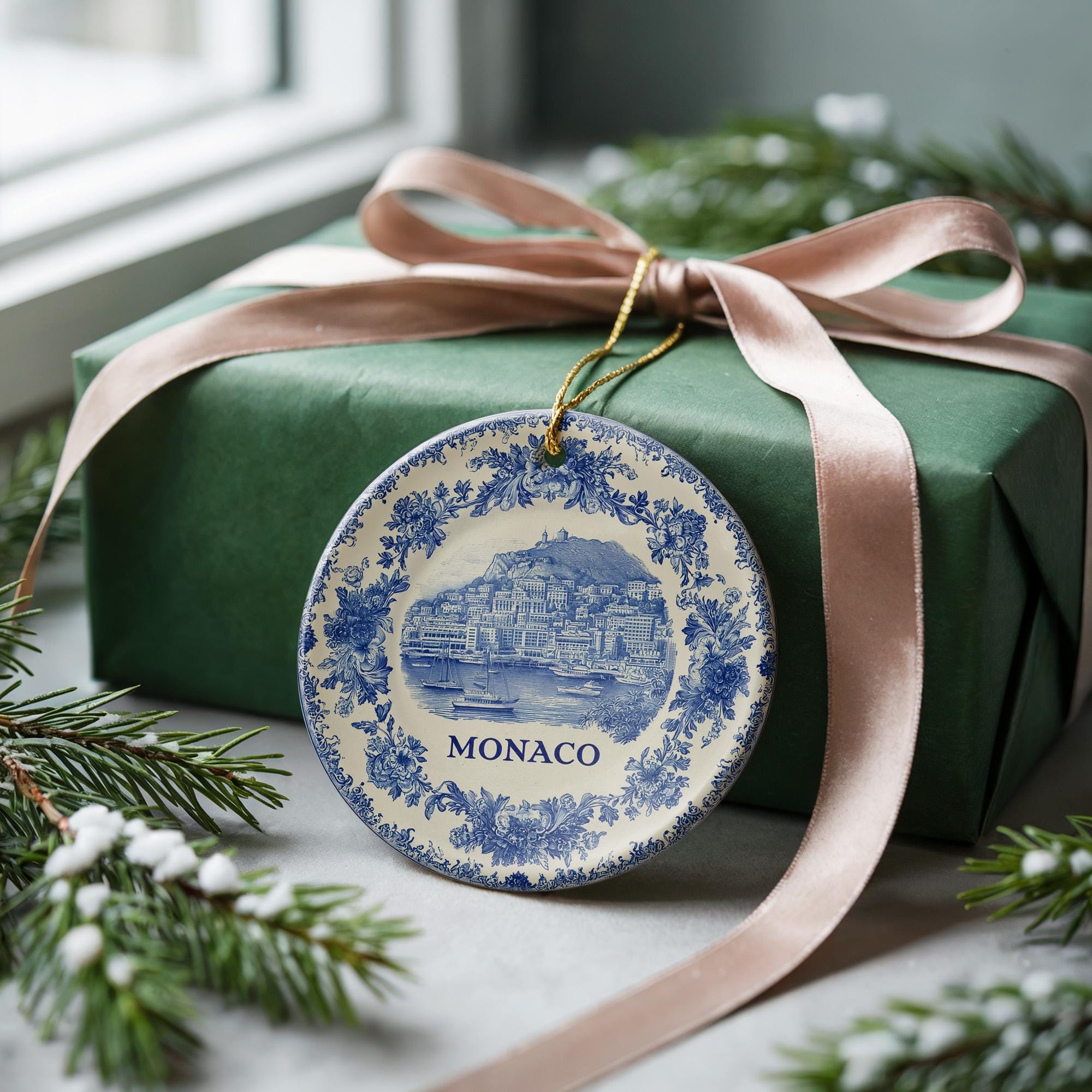 Custom Monaco Ceramic Delft Ornament, Christmas Delftware Blue Delftware city travel
