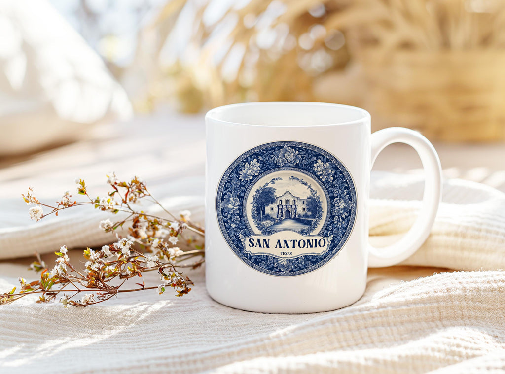 San Antonio Texas Mug, Custom Delft Style cup, Personalized Vintage Travel City Gift