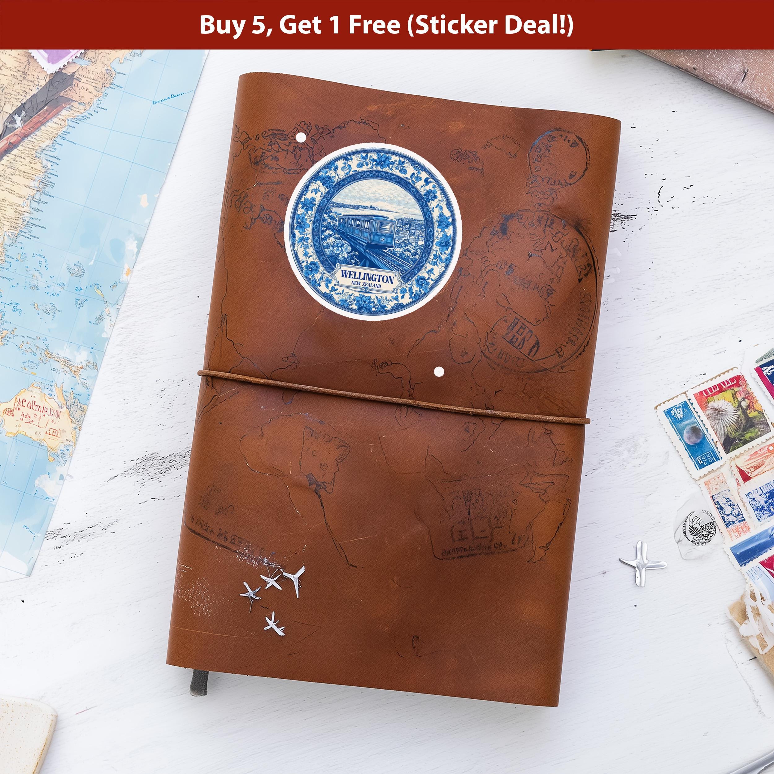 Wellington New Zealand Sticker Vintage Delft style, Delftware Decal Waterproof Vinyl, Blue City Travel