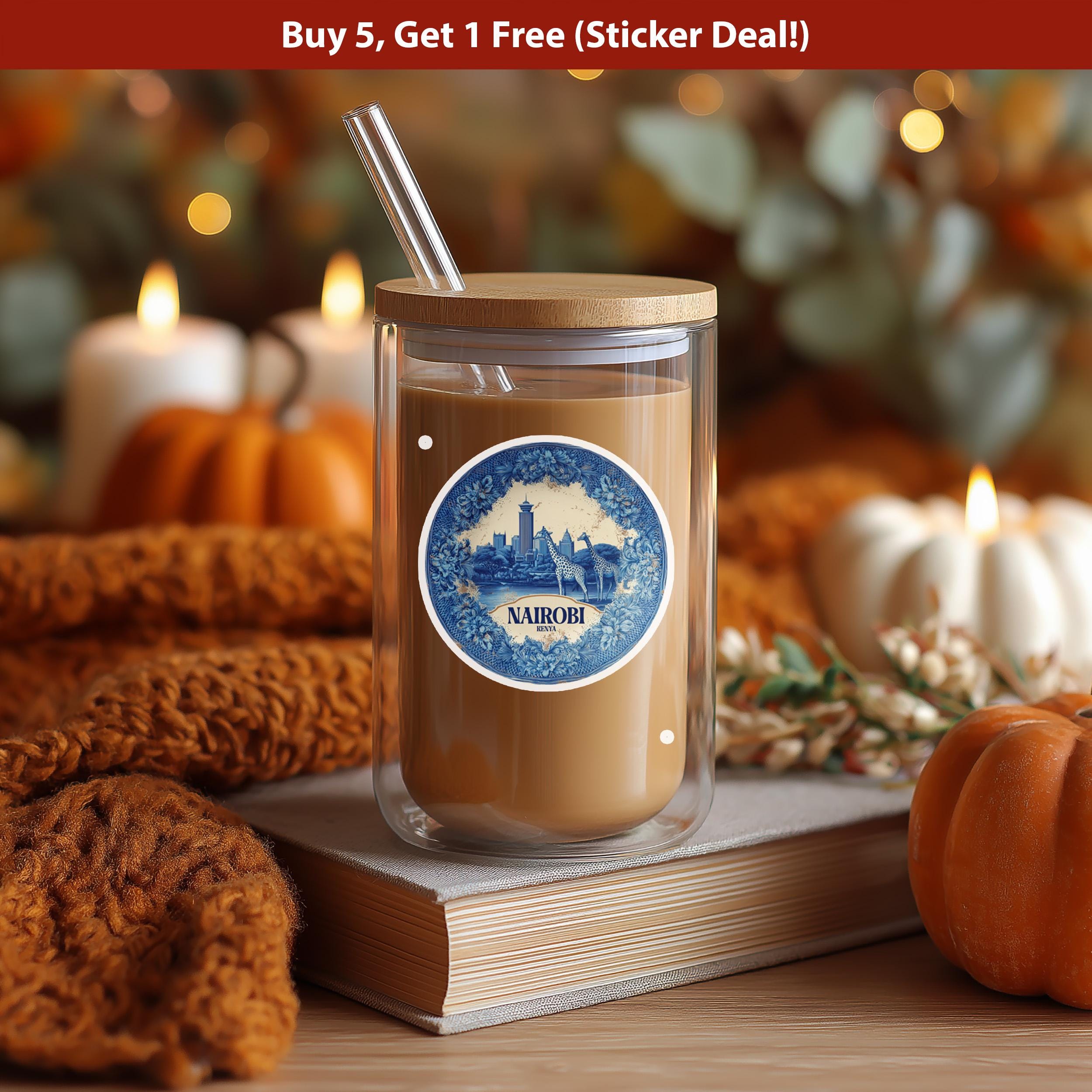 Nairobi Kenya Sticker Vintage Delft style, Delftware Decal Waterproof Vinyl, Blue City Travel