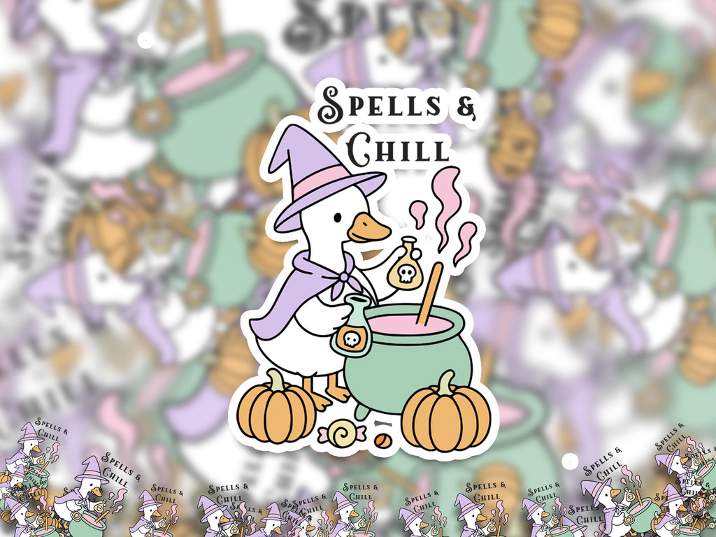 Spells & Chill Sticker, Silly Goose Sarcastic Decal, Cute Witch Halloween Vinyl