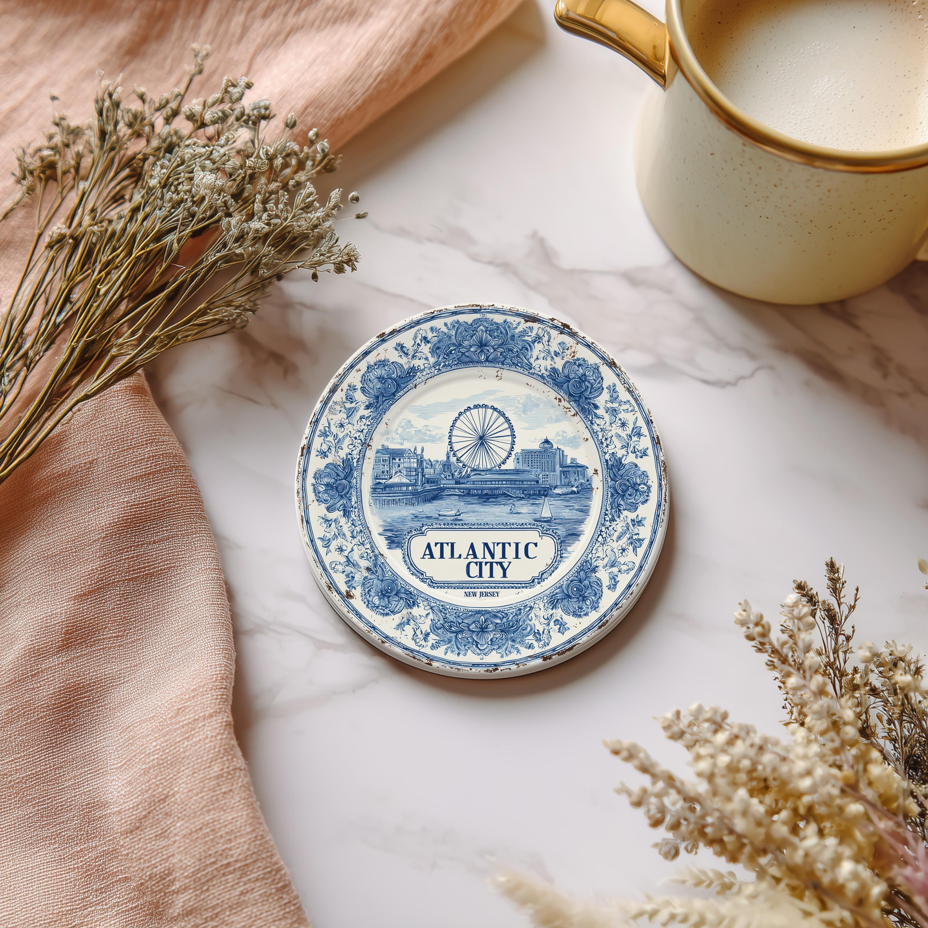 Atlantic City New Jersey Delftware Ceramic Coaster, Blue White Travel Gift, Vintage Home Decor