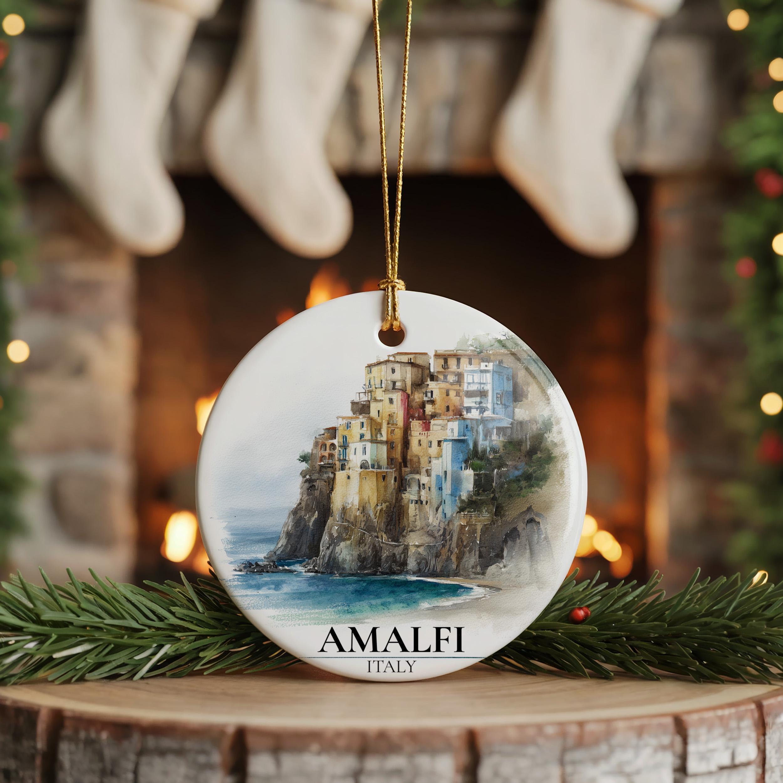 Amalfi Coast Italy Custom Watercolor Ornament, Personalized Ceramic Christmas gift, Travel Keepsake