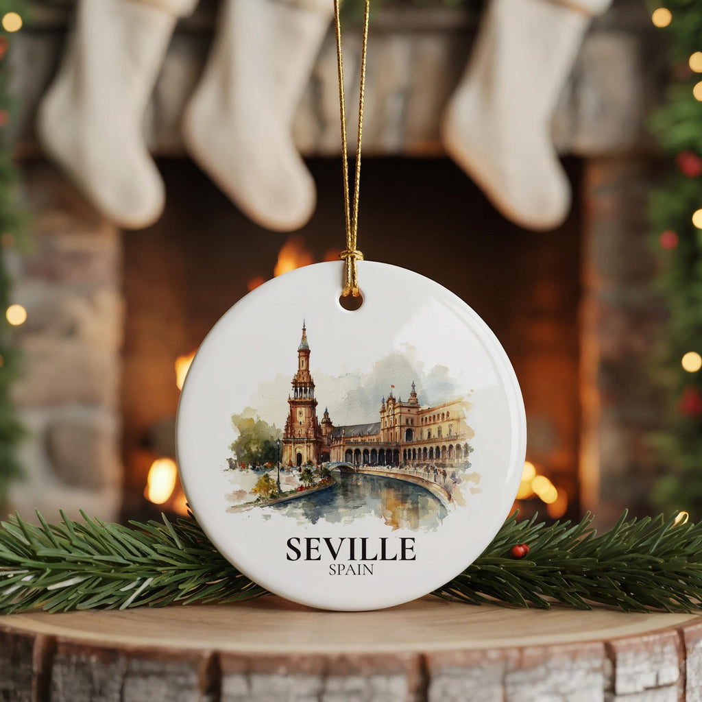 Seville Spain Personalized Watercolor Ornament, Custom Ceramic Christmas gift, Travel Keepsake