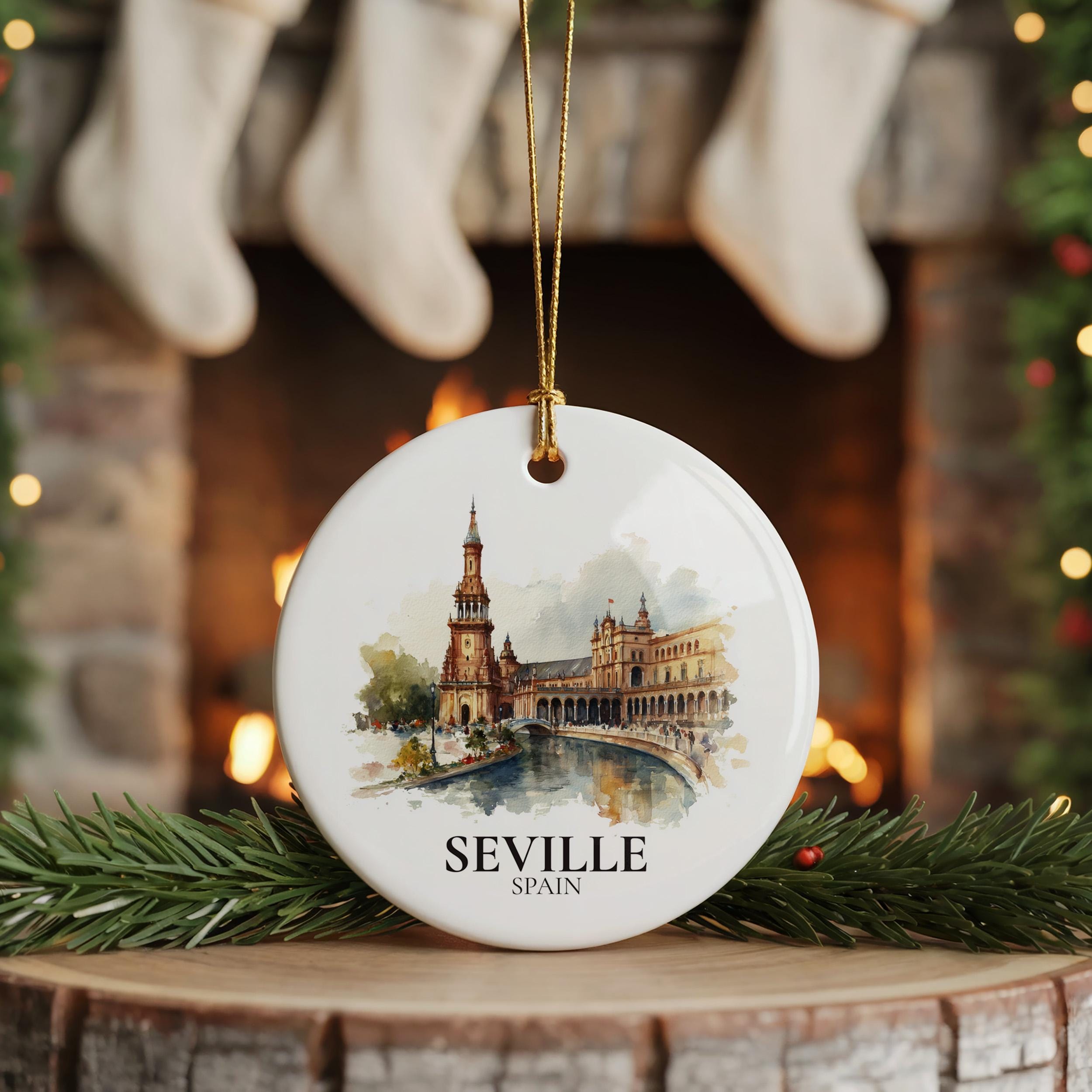 Seville Spain Personalized Watercolor Ornament, Custom Ceramic Christmas gift, Travel Keepsake