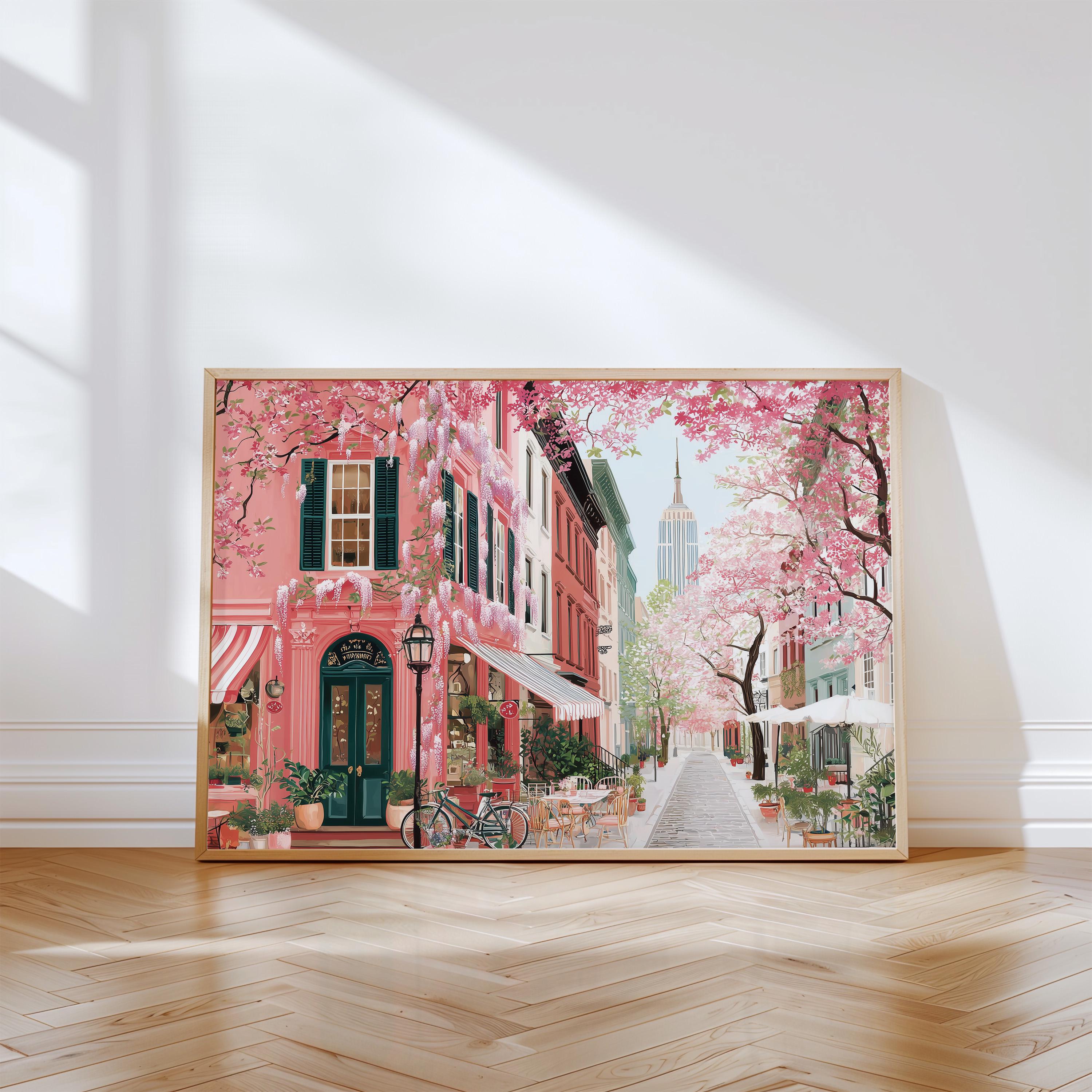 New York Spring Wall Art, Cherry Blossom Floral Empire State Travel Gift Decor Print