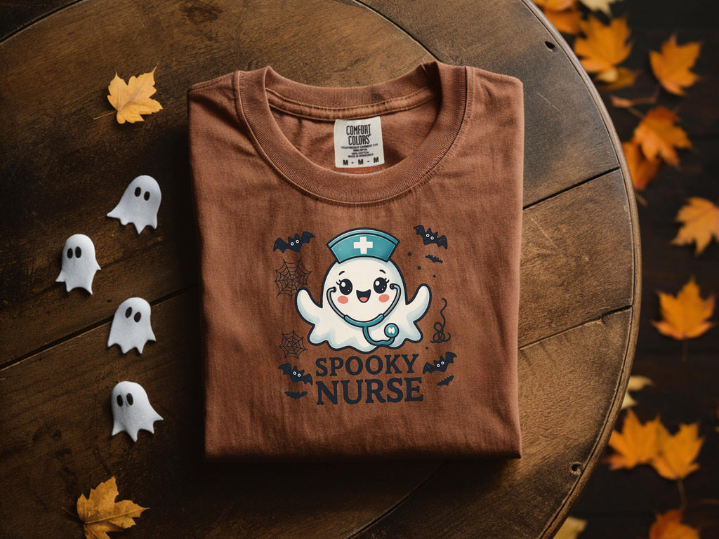 Spooky Ghost Nurse Sweatshirt: Halloween RN Top, Bats & Spiderwebs