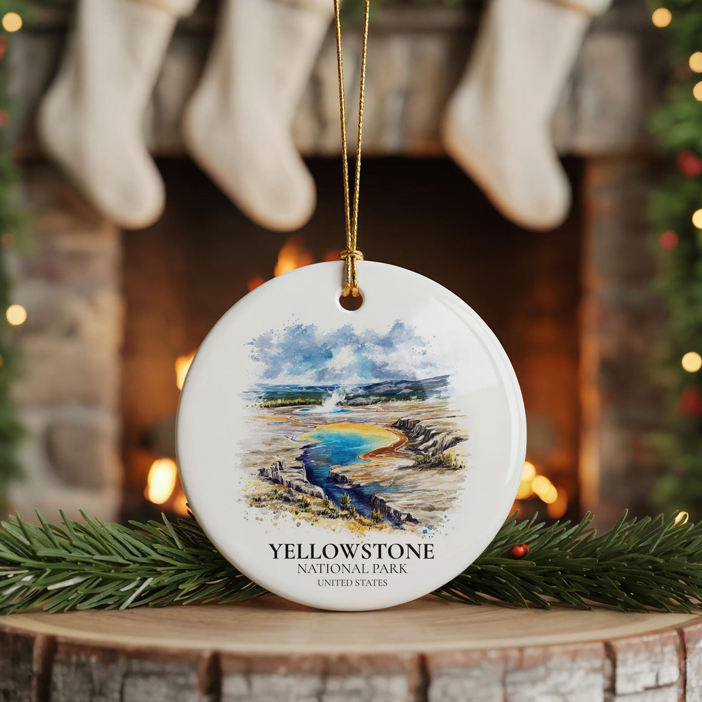 Yellowstone National Park United States Personalized Watercolor Ornament, Custom Ceramic Christmas gift, Travel Keepsake