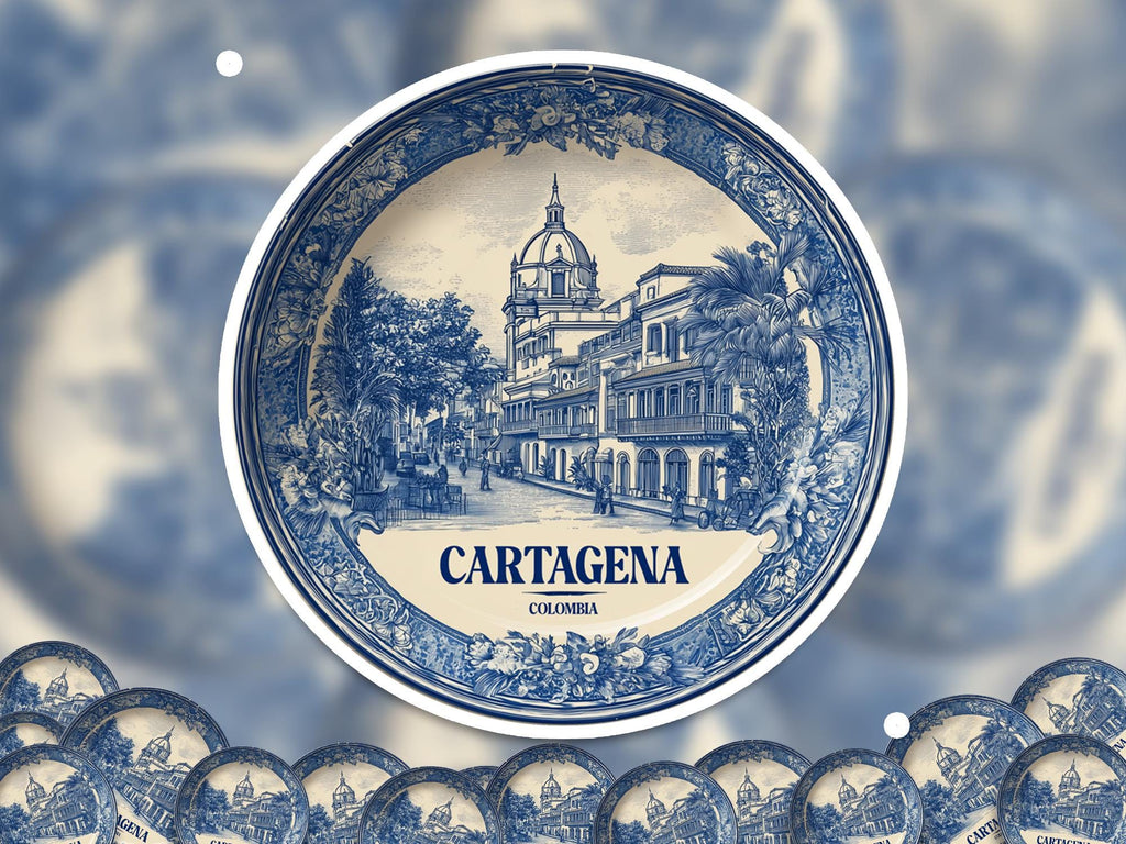Cartagena Colombia Sticker Vintage Delft style, Delftware Decal Waterproof Vinyl, Blue City Travel