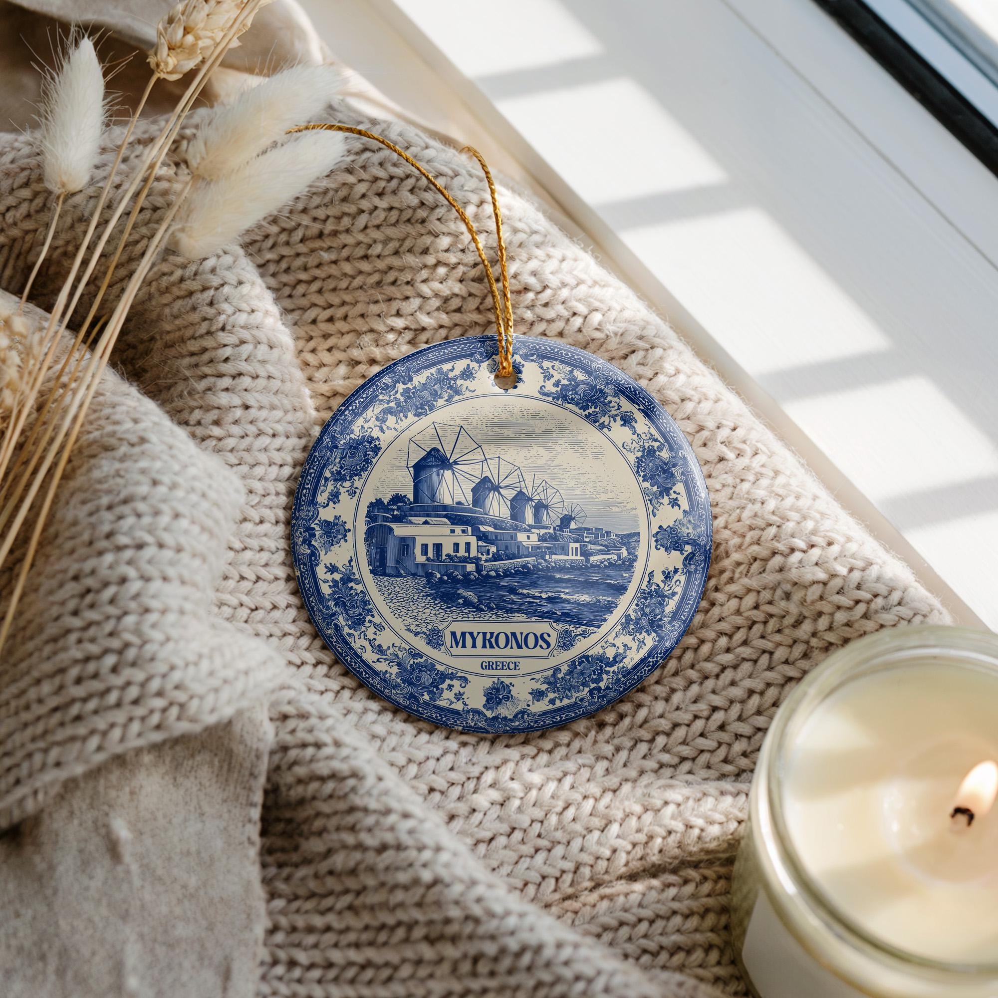Custom Mykonos Greece Ceramic Delft Ornament, Christmas Delftware Blue Delftware city travel