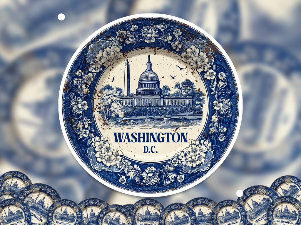 Washington DC Sticker Vintage Delft style, Delftware Decal Waterproof Vinyl, Blue City Travel
