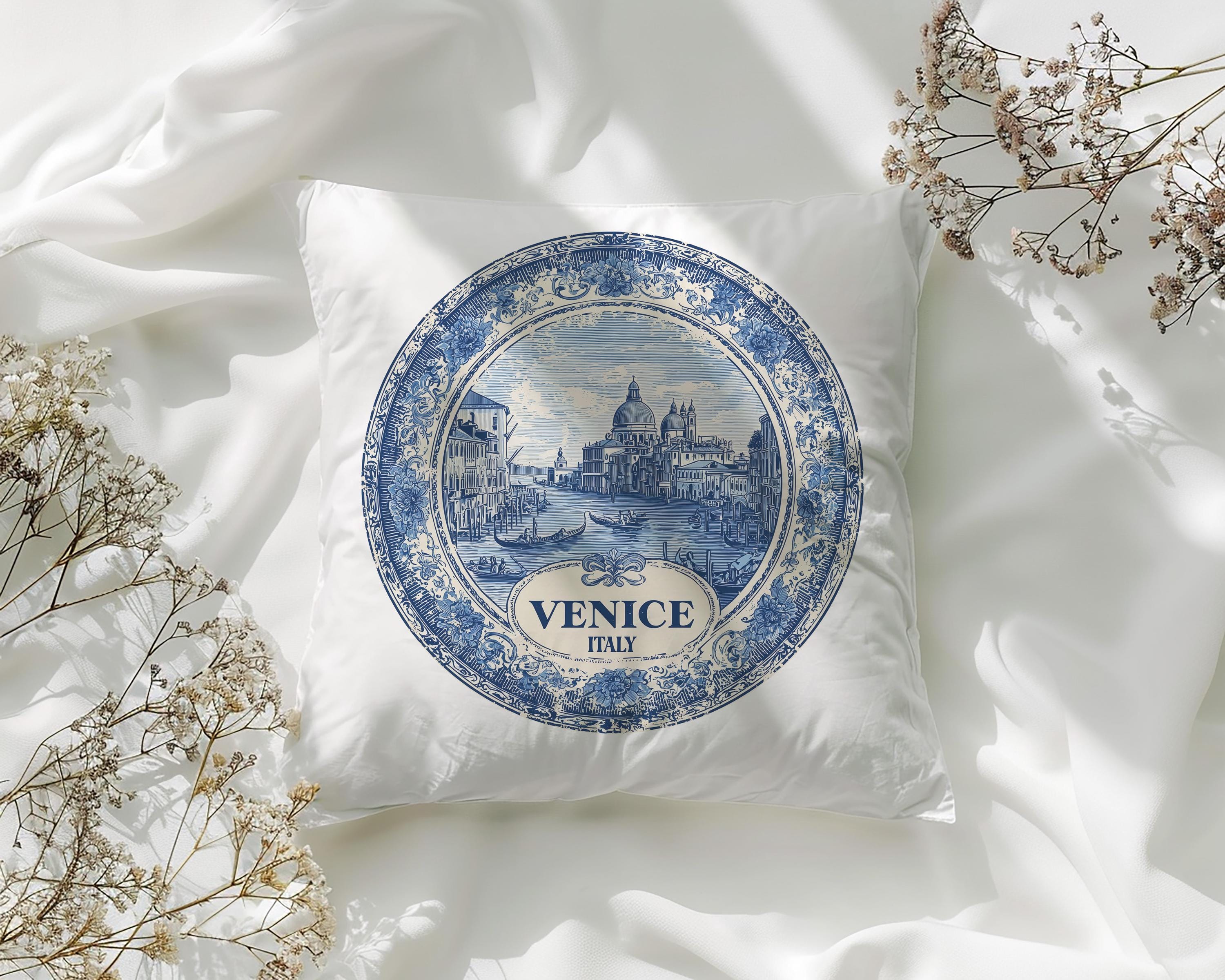 Venice Italy Pillowcase, Delft Style Decorative Throw Pillow, Vintage Cityscape Retro Home Decor