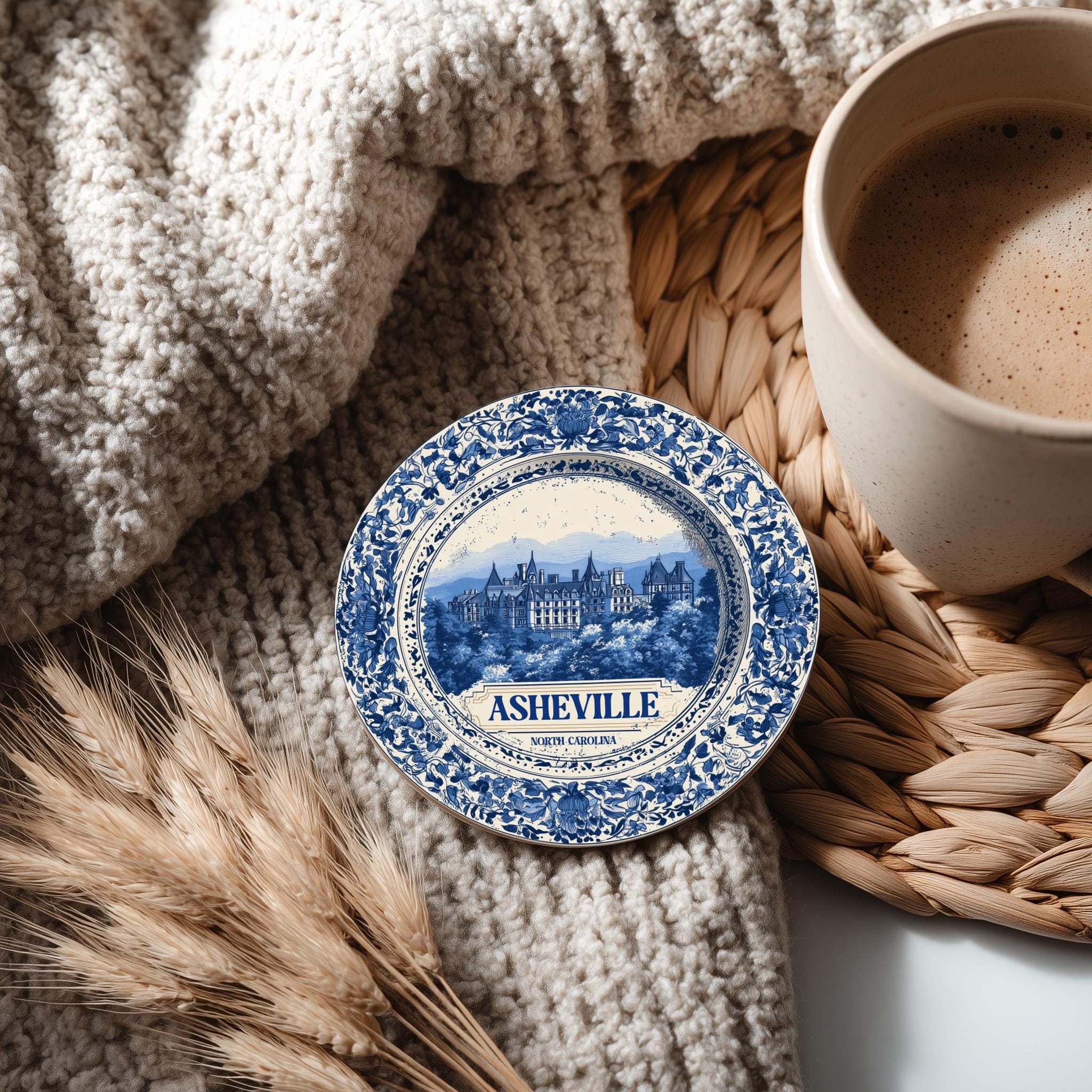 Asheville North Carolina Delftware Ceramic Coaster, Blue White Travel Gift, Vintage Home Decor