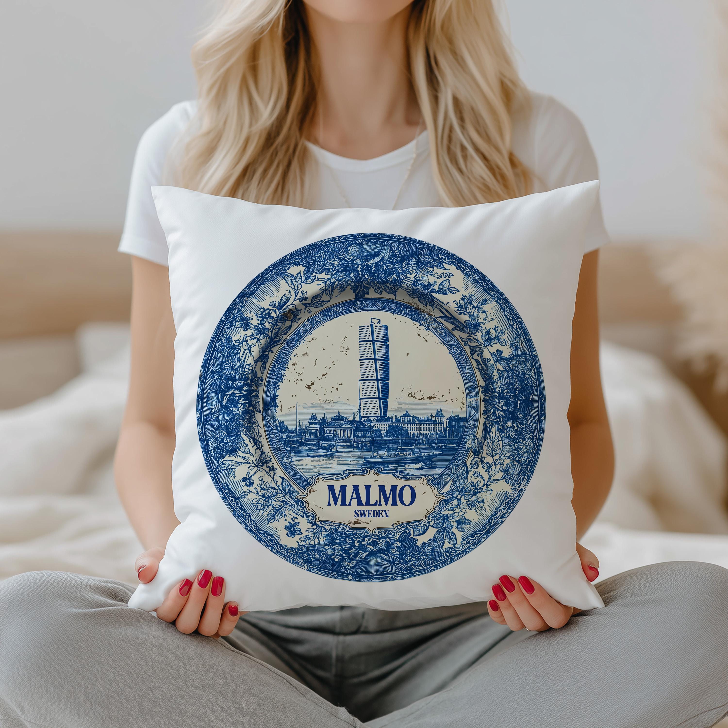 Malmo Sweden Pillowcase, Delft Style Decorative Throw Pillow, Vintage Cityscape Retro Home Decor