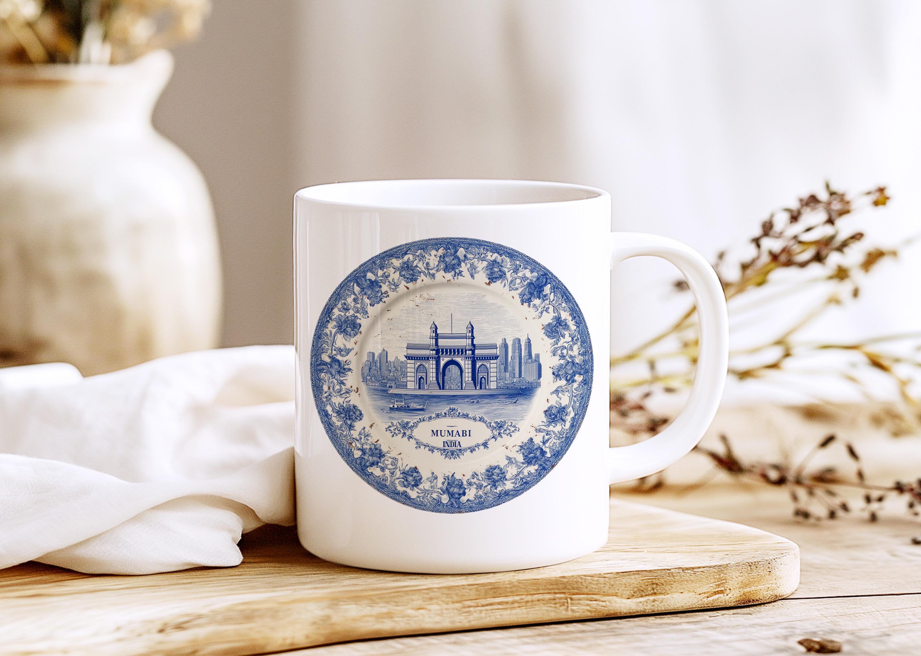 Mumbai India Mug, Custom Delft Style cup, Personalized Vintage Travel City Gift