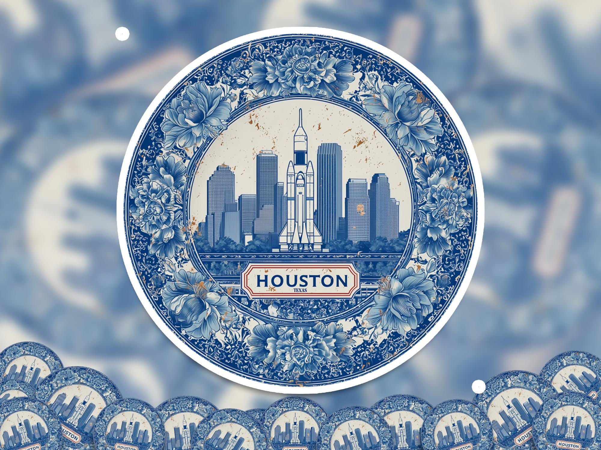 Houston Texas Sticker Vintage Delft style, Delftware Decal Waterproof Vinyl, Blue City Travel USA