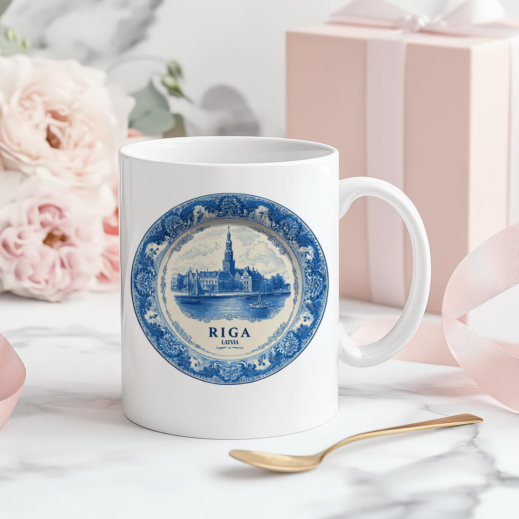 Riga Latvia Mug, Custom Delft Style cup, Personalized Vintage Travel City Gift