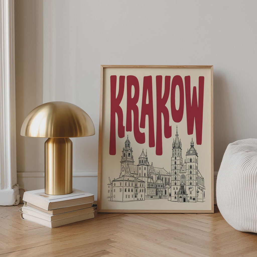Krakow Poland Skyline Wall Art, Framed Canvas Print, Minimalist Line Art Decor