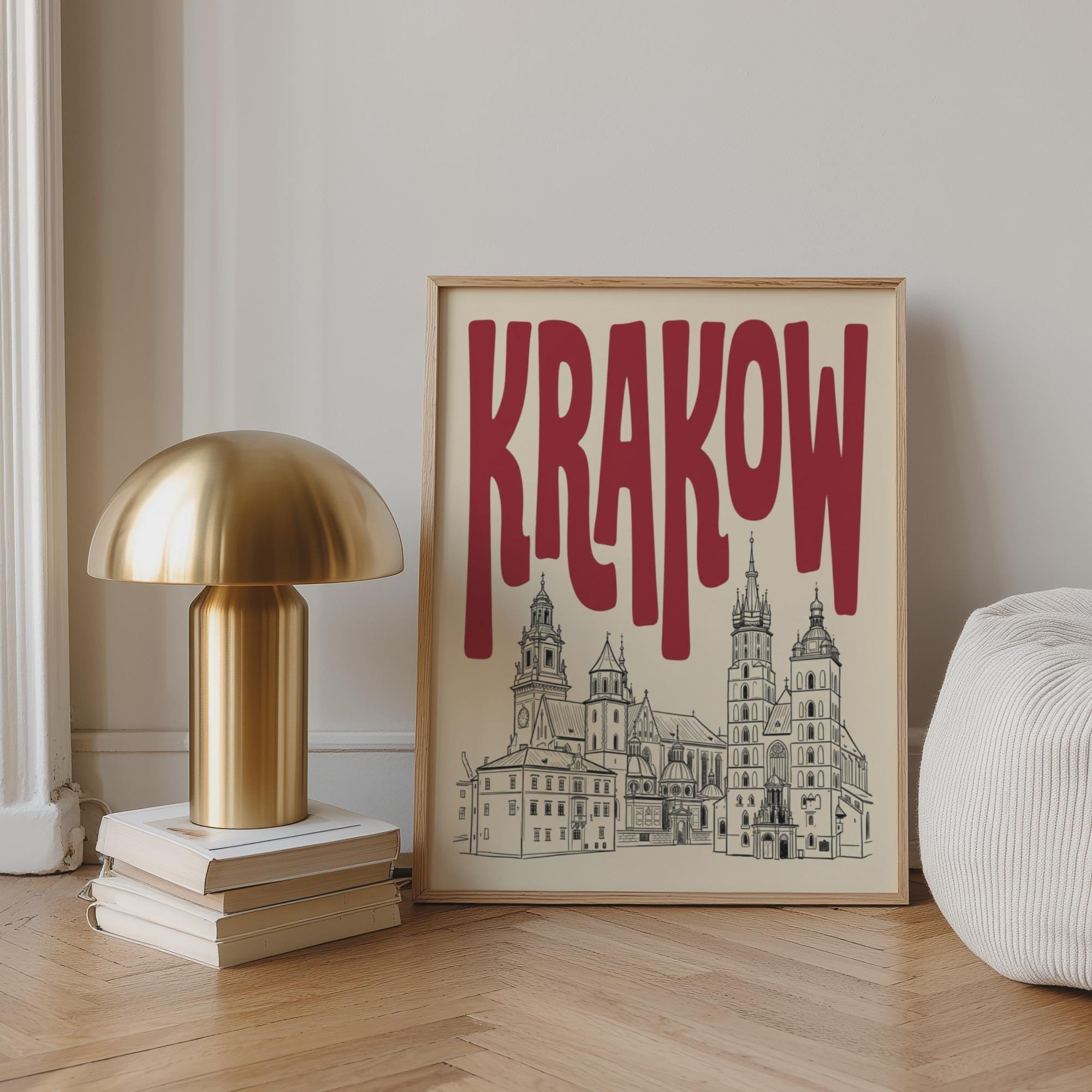 Krakow Poland Skyline Wall Art, Framed Canvas Print, Minimalist Line Art Decor