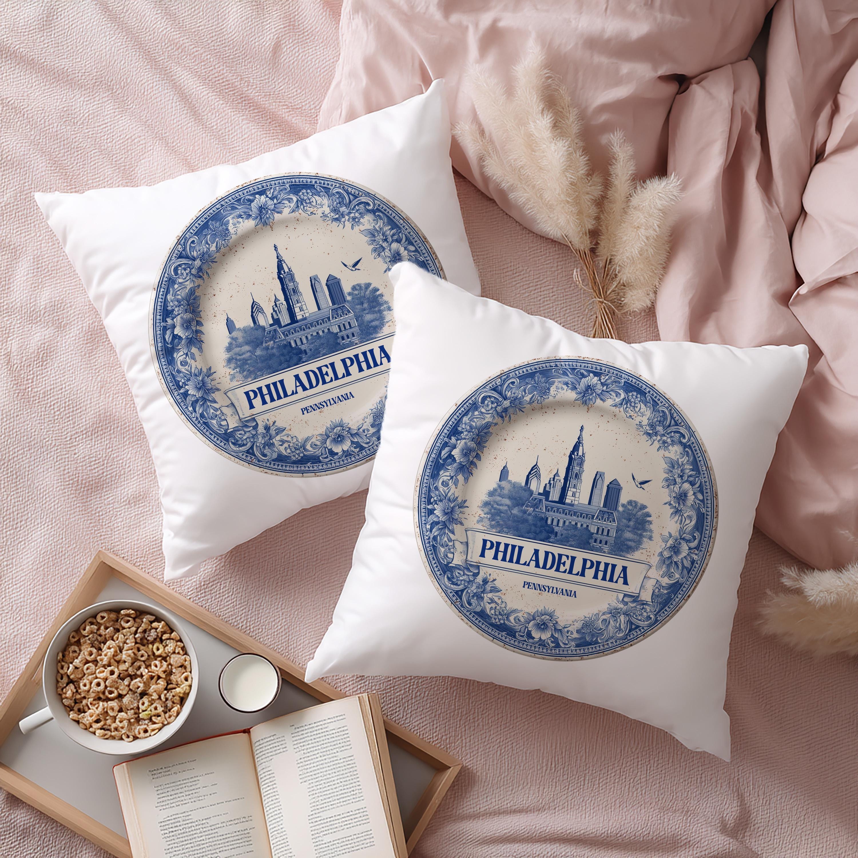 Philadelphia Pennsylvania Pillowcase, Delft Style Decorative Throw Pillow, Vintage Cityscape Retro Home Decor