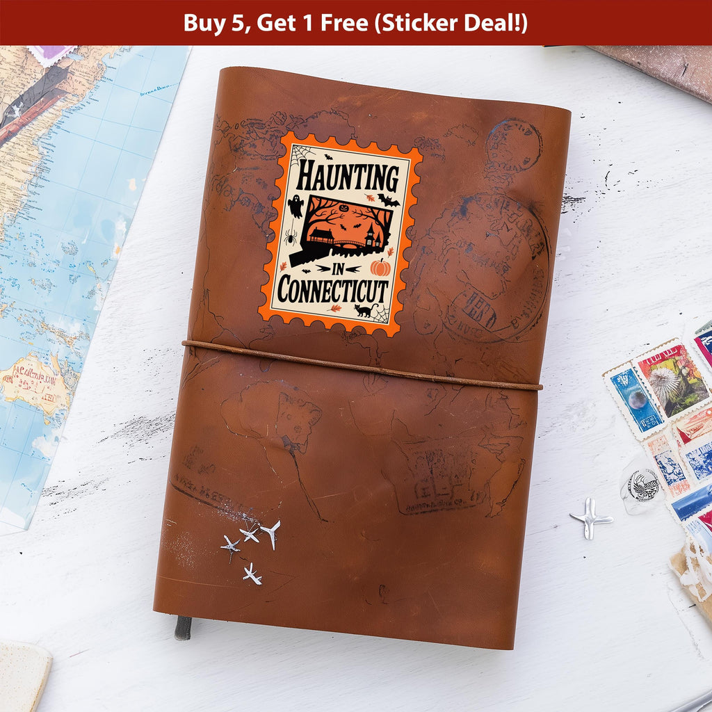 Connecticut Stamp Halloween Sticker, Spooky USA Kiss-Cut Vinyl, Waterproof Decal, United States Travel