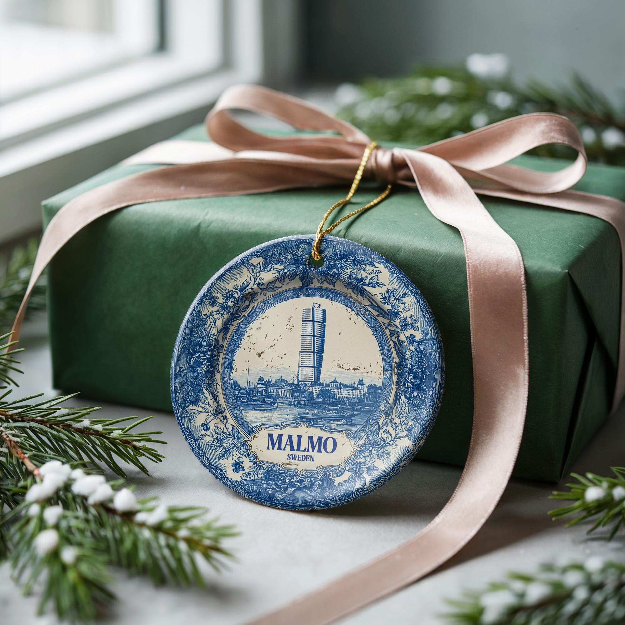 Custom Malmo Sweden Ceramic Delft Ornament, Christmas Delftware Blue Delftware city travel