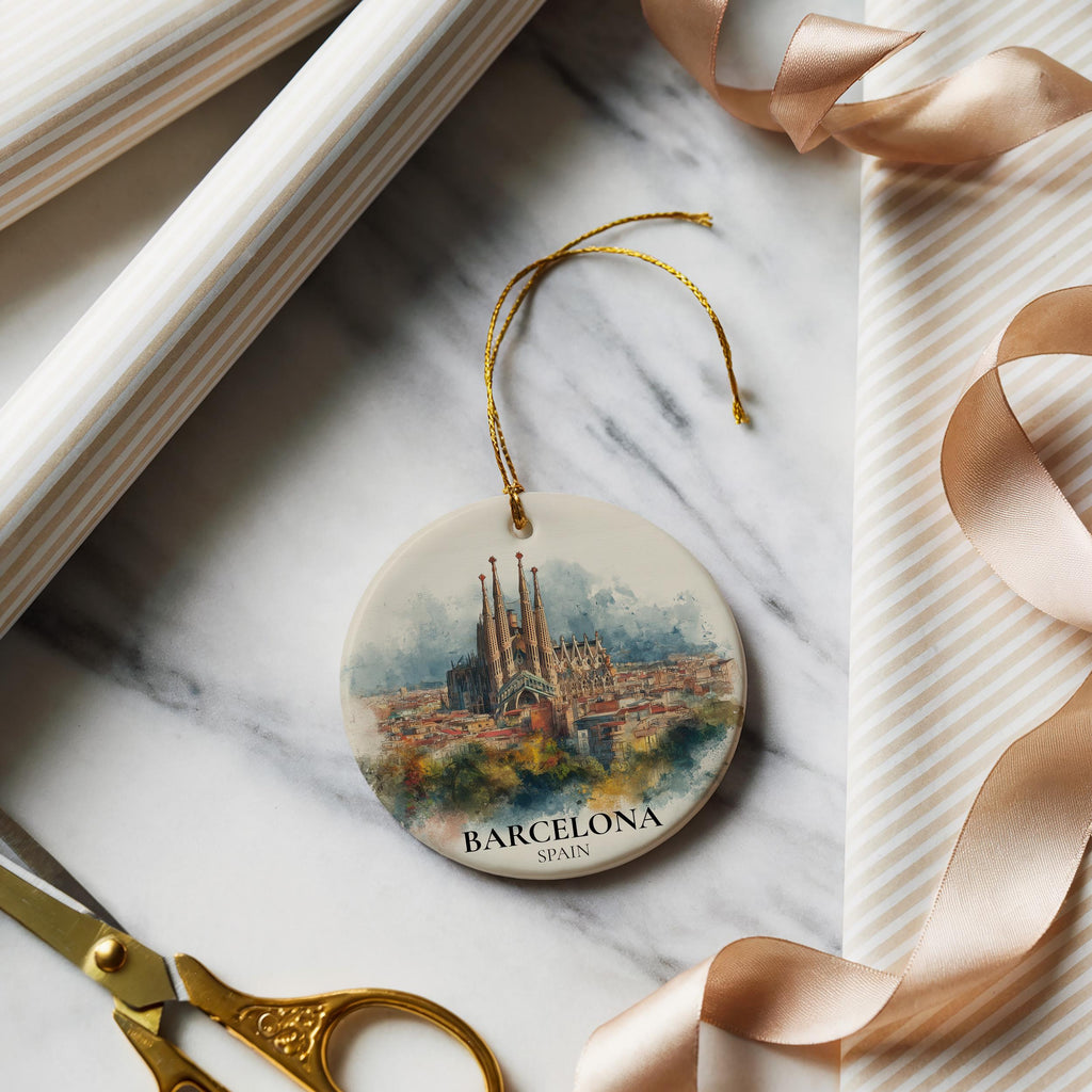 Barcelona Spain Personalized Watercolor Ornament, Custom Ceramic Christmas gift, Travel Keepsake