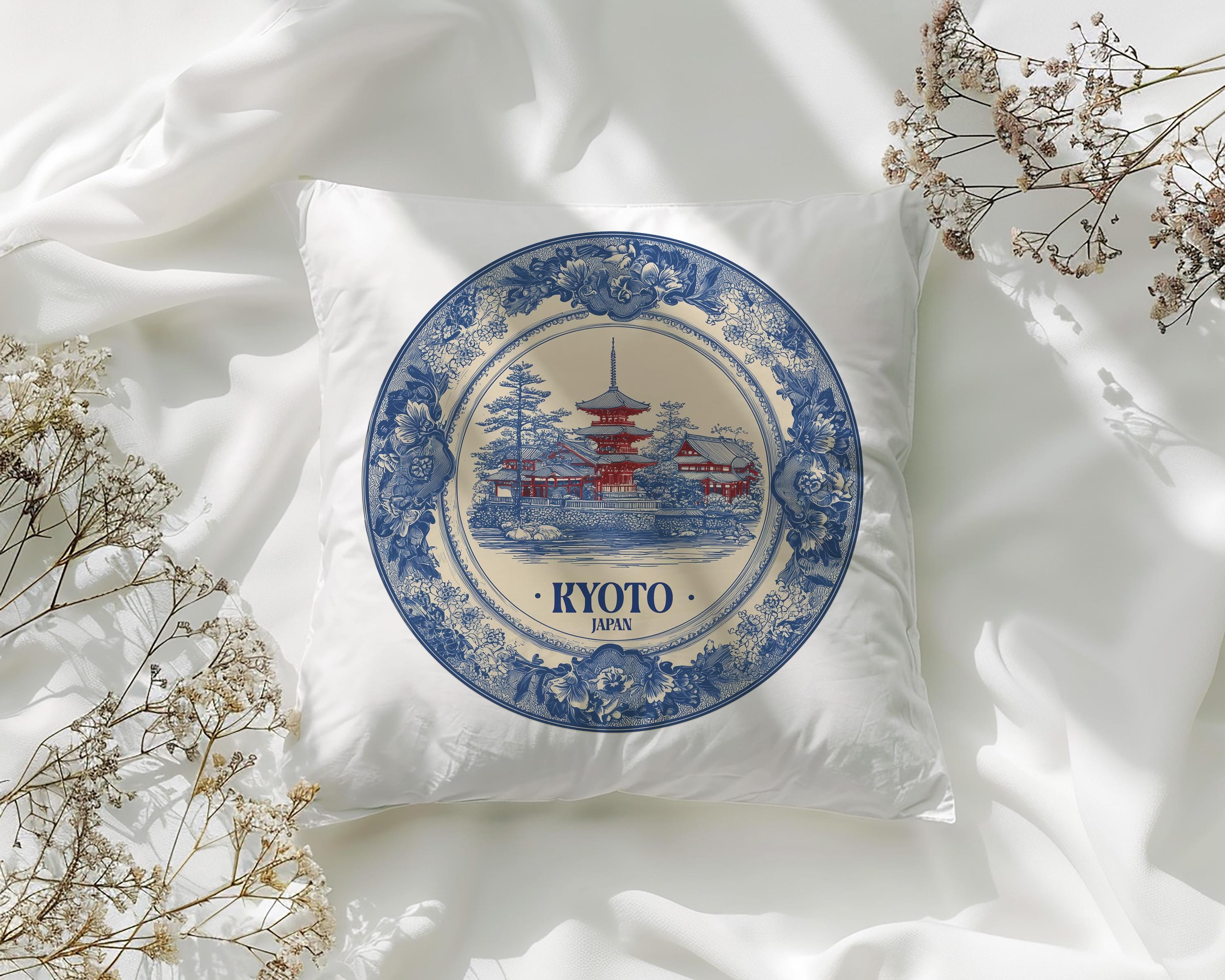 Kyoto Japan Pillowcase, Delft Style Decorative Throw Pillow, Vintage Cityscape Retro Home Decor