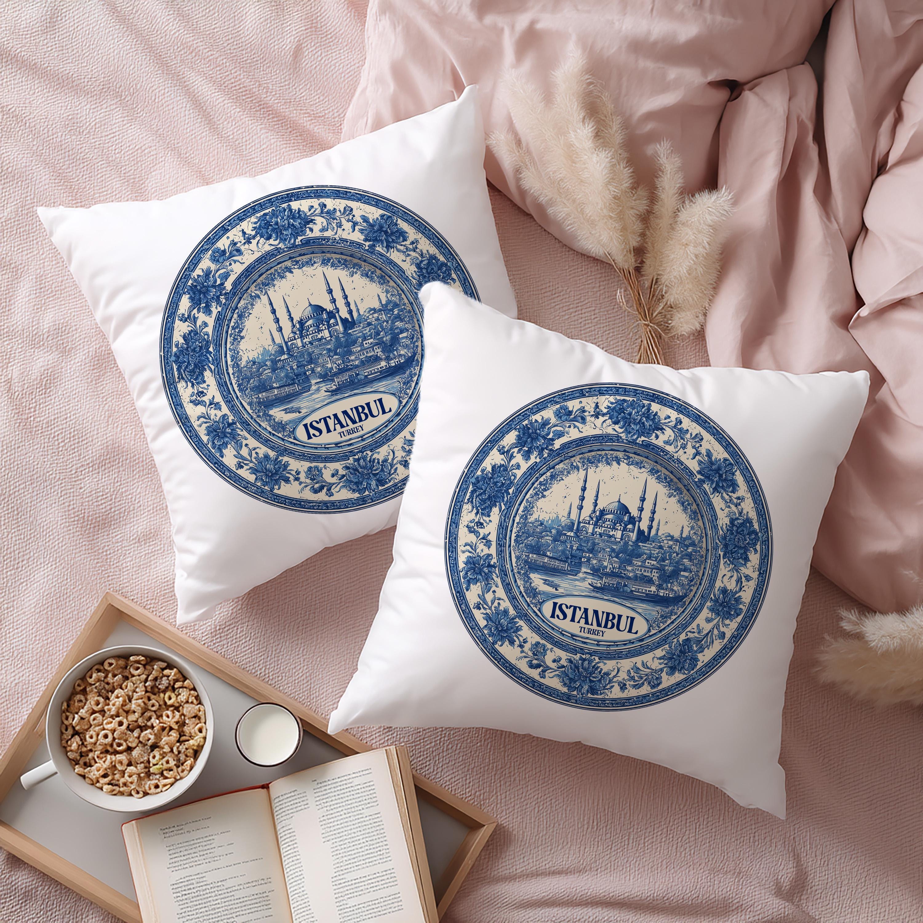 Istanbul Turkey Pillowcase, Delft Style Decorative Throw Pillow, Vintage Cityscape Retro Home Decor