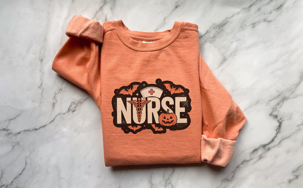 Halloween Nurse Comfort Colors Sweatshirt, Spooky RN Crewneck Pullover, Pumpkin Bat Ghost Design, Nurse Gift Fall Outfit