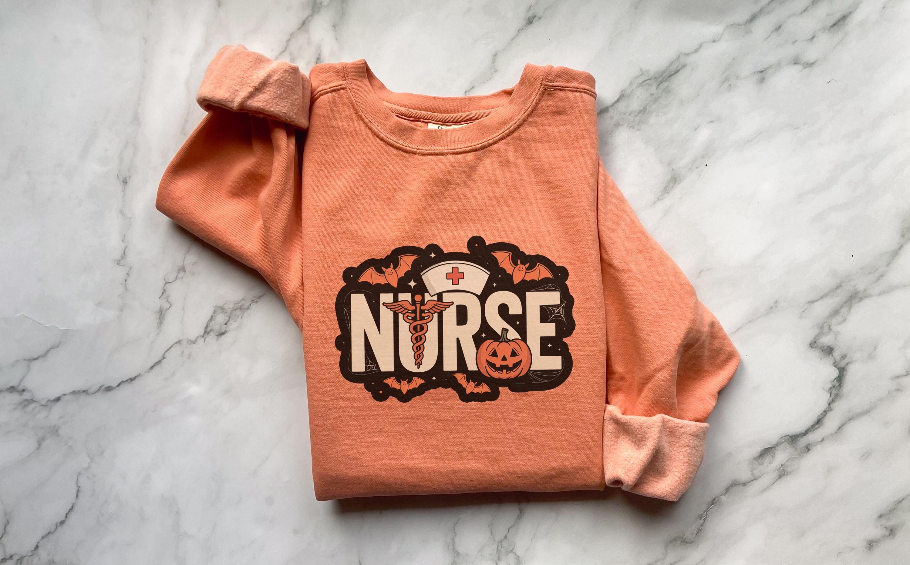 Halloween Nurse Comfort Colors Sweatshirt, Spooky RN Crewneck Pullover, Pumpkin Bat Ghost Design, Nurse Gift Fall Outfit