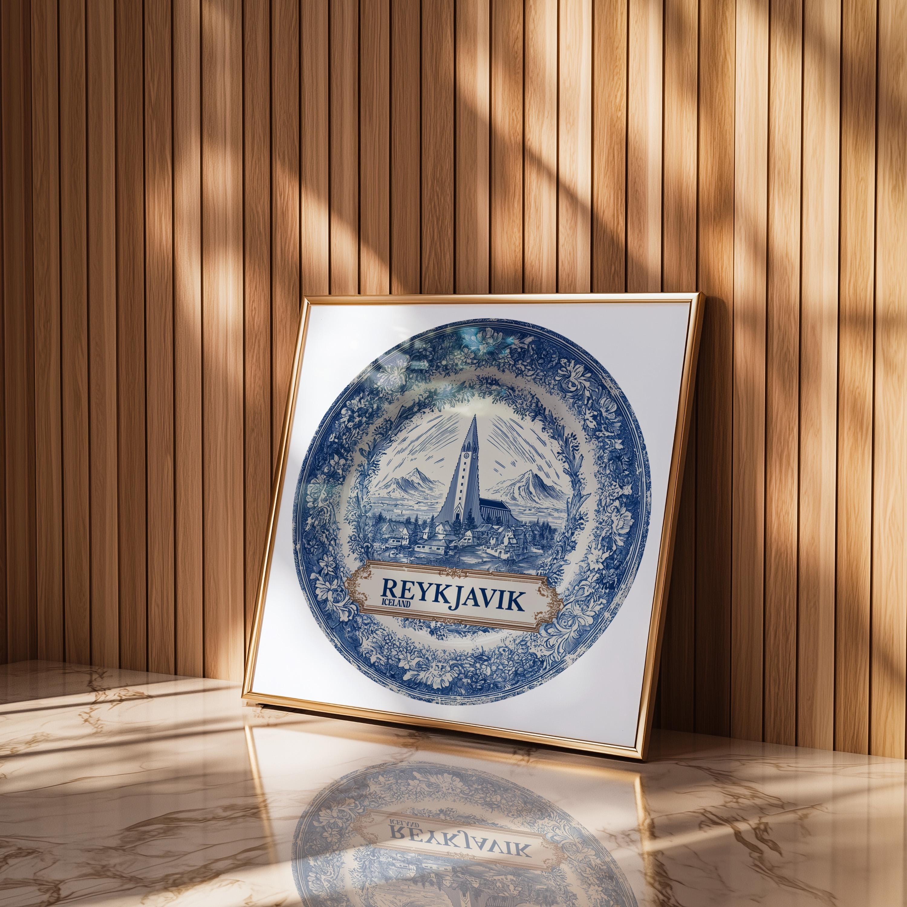 Reykjavik Iceland Wall Art, Vintage Delft Blue Poster, City Print, Travel Home Decor