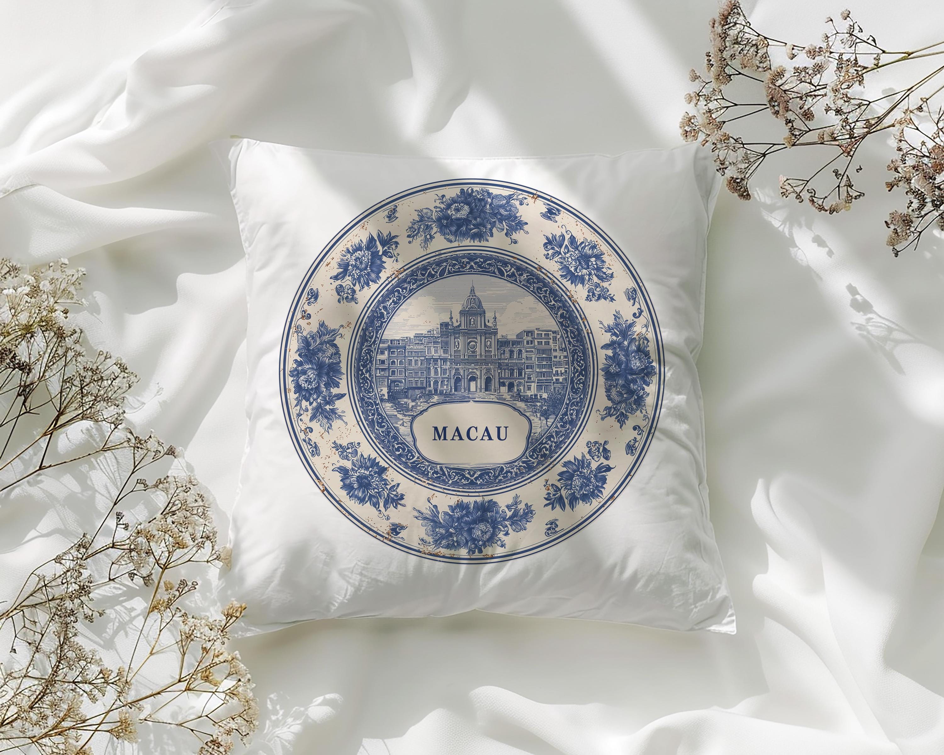 Macau China Pillowcase, Delft Style Decorative Throw Pillow, Vintage Cityscape Retro Home Decor