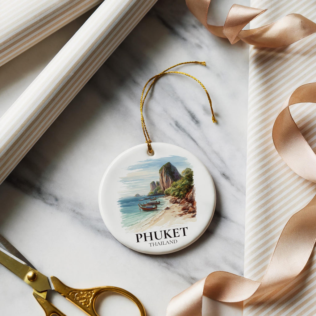 Phuket Thailand Personalized Watercolor Ornament, Custom Ceramic Christmas gift, Travel Keepsake