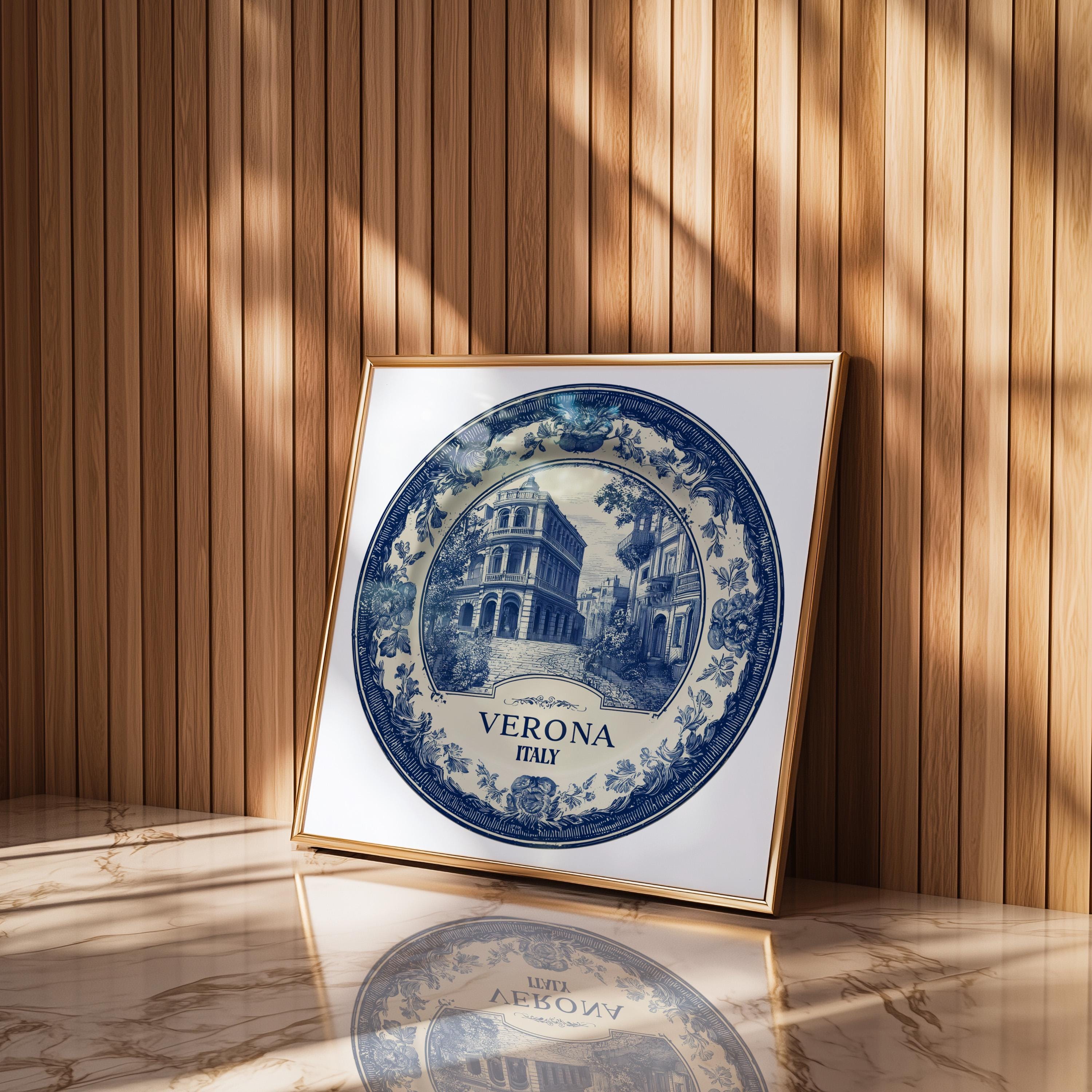 Verona Italy Wall Art, Vintage Delft Blue Poster, City Print, Travel Home Decor