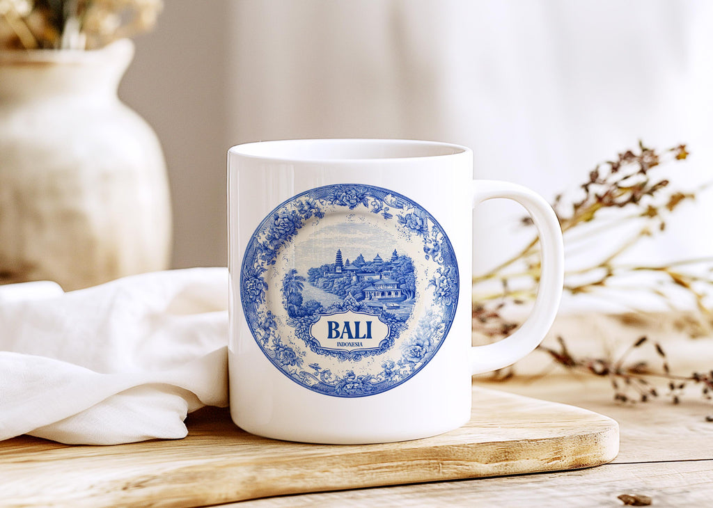 Bali Indonesia Mug, Custom Delft Style cup, Personalized Vintage Travel City Gift