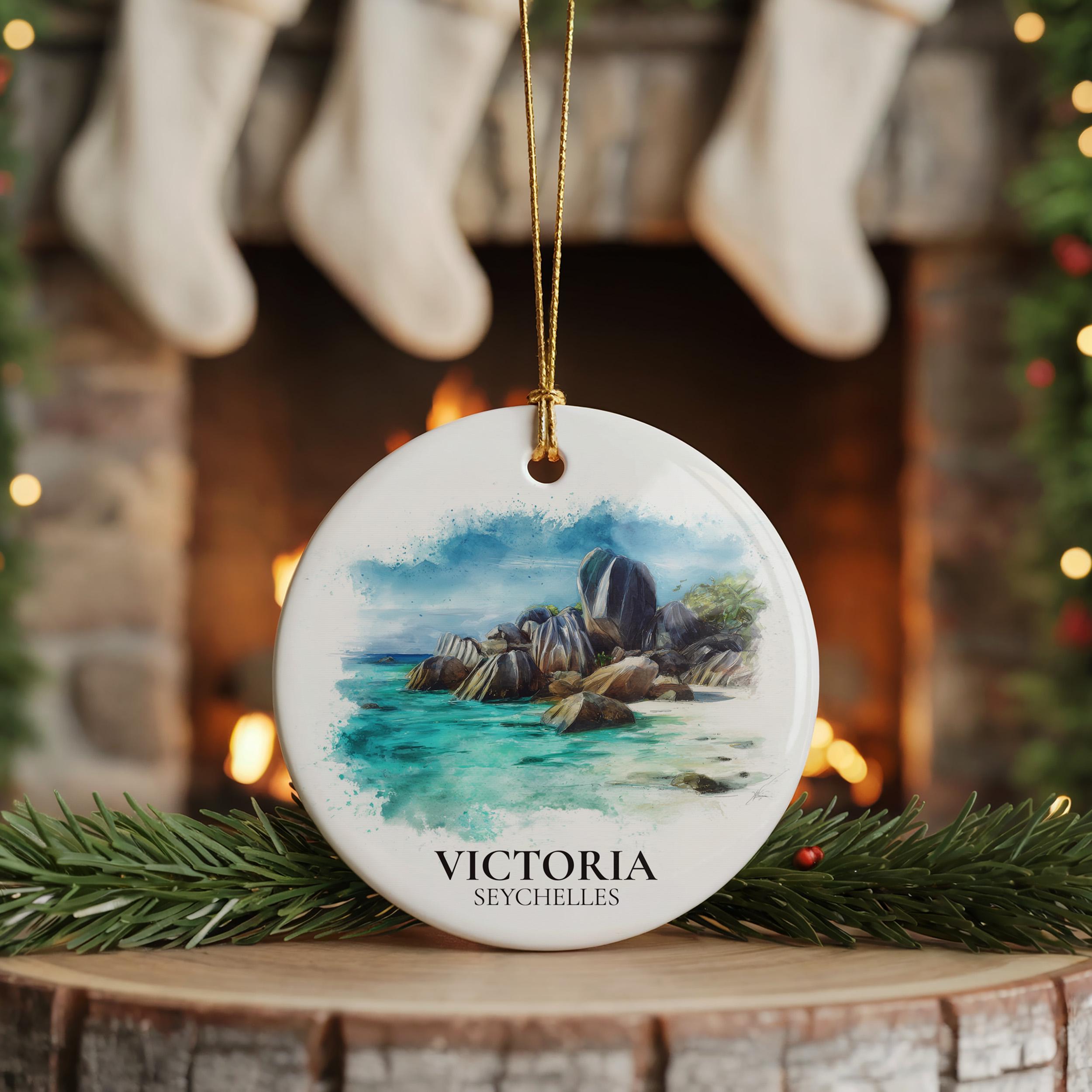 Victoria Seychelles Personalized Watercolor Ornament, Custom Ceramic Christmas gift, Travel Keepsake