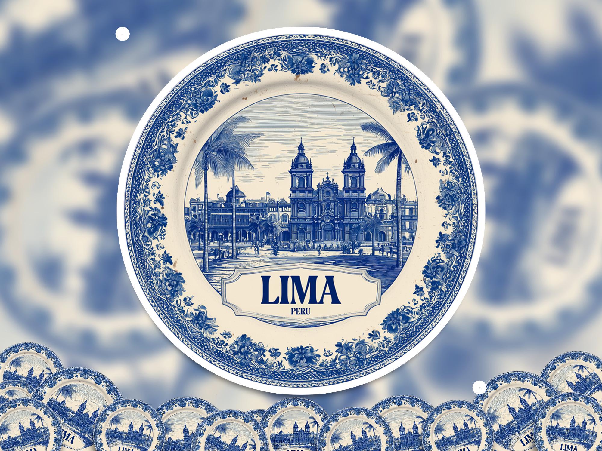 Lima Peru Sticker Vintage Delft style, Delftware Decal Waterproof Vinyl, Blue City Travel