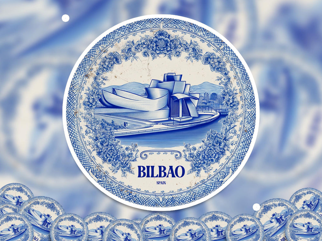 Bilbao Spain Sticker Vintage Delft style, Delftware Decal Waterproof Vinyl, Blue City Travel