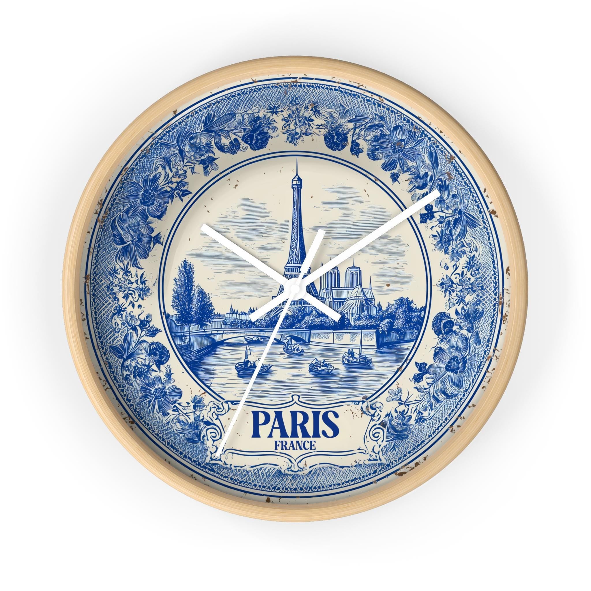 Paris France Wall Clock, Delf style Home Decor, Vintage City Travel Keepsake Art