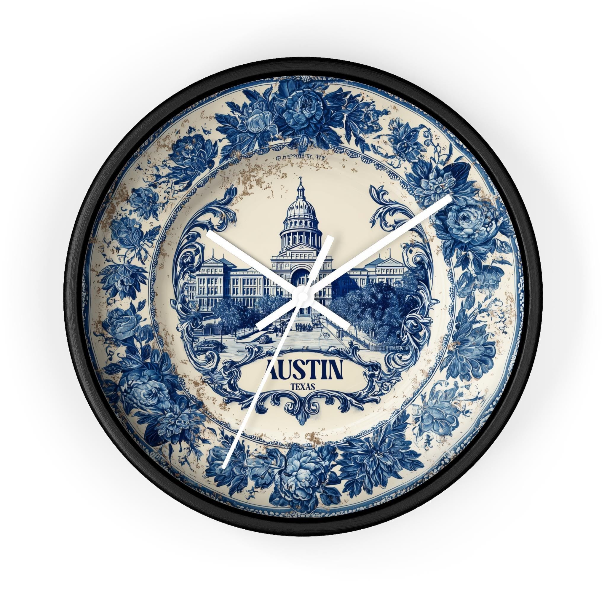 Austin Texas Wall Clock, Delf style Home Decor, Vintage City Travel Keepsake Art