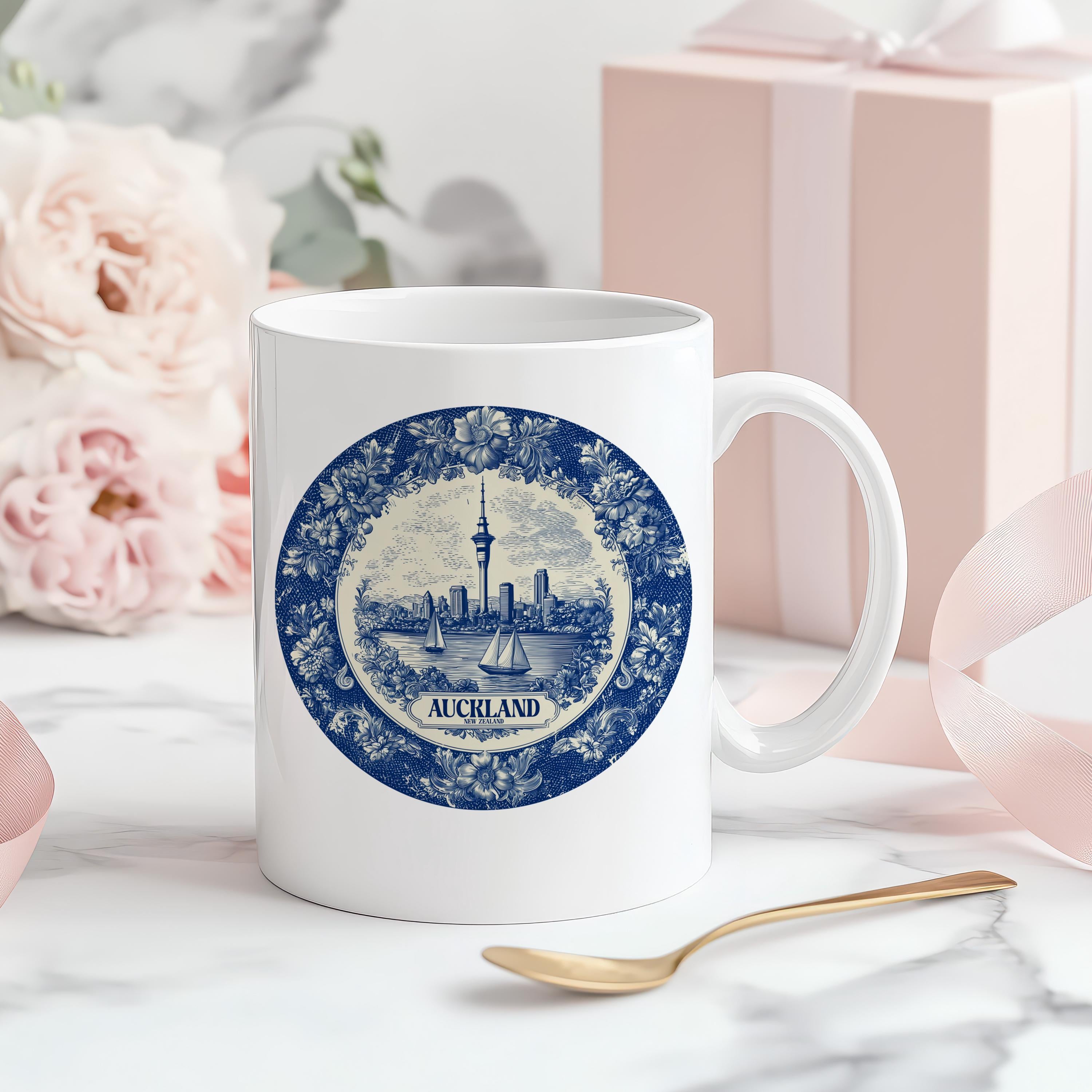 auckland New Zealand Mug, Custom Delft Style cup, Personalized Vintage Travel City Gift