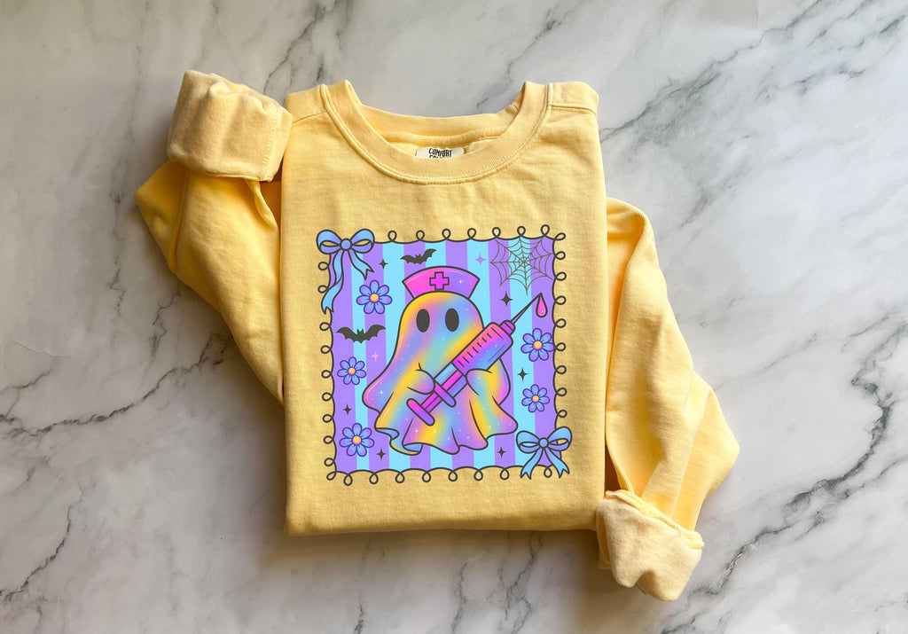 Cute Ghost Nurse Halloween Sweatshirt, Spooky RN Fall Top Cozy Autumn Pullover, Cute Retro Gift for Nurse