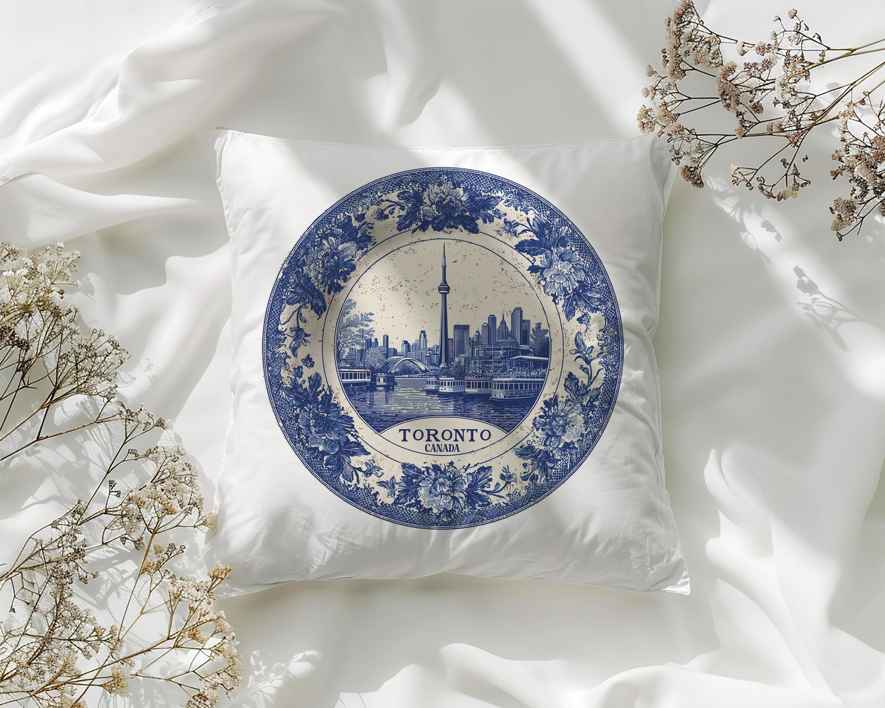 Toronto Canada Pillowcase, Delft Style Decorative Throw Pillow, Vintage Cityscape Retro Home Decor