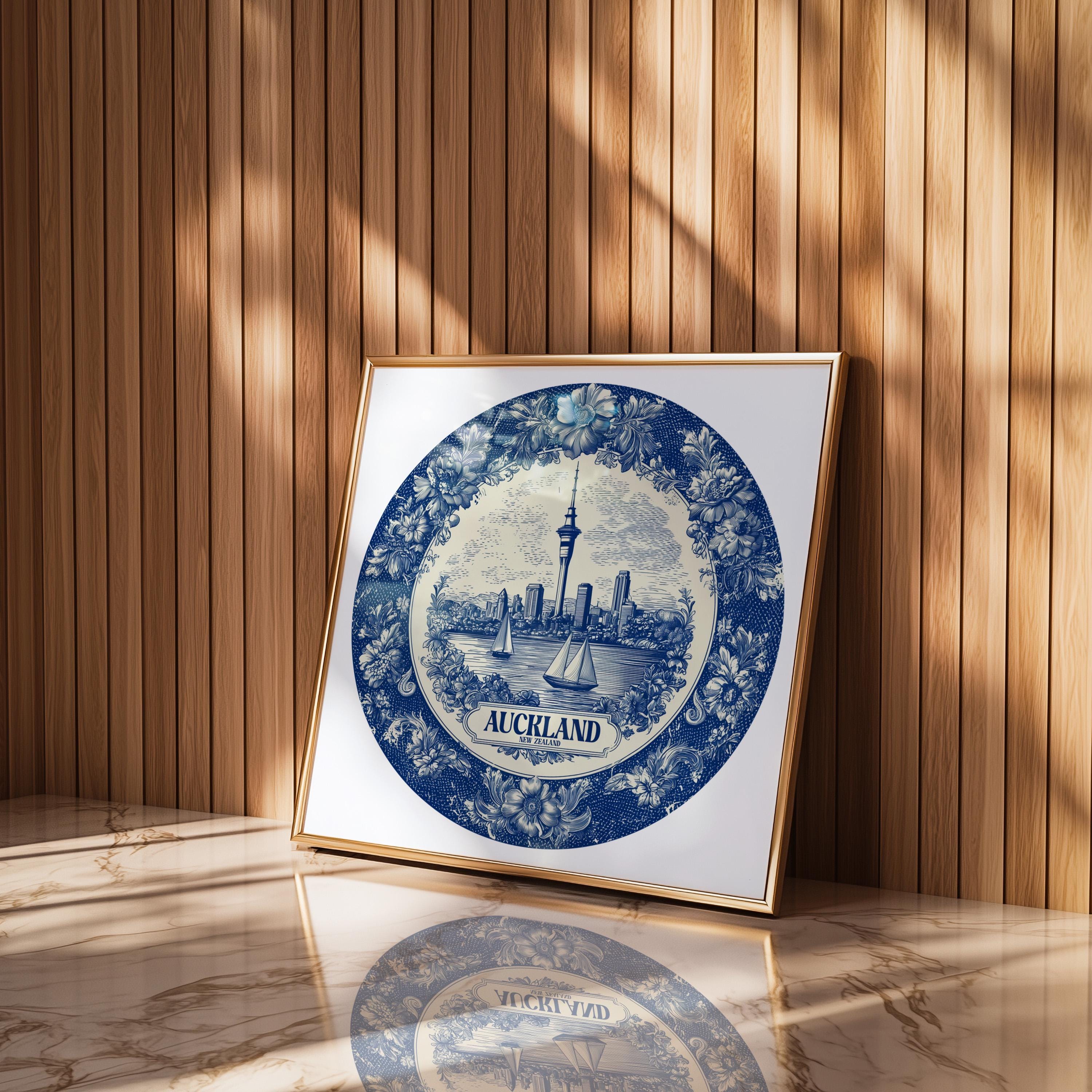 auckland New Zealand Wall Art, Vintage Delft Blue Poster, City Print, Travel Home Decor