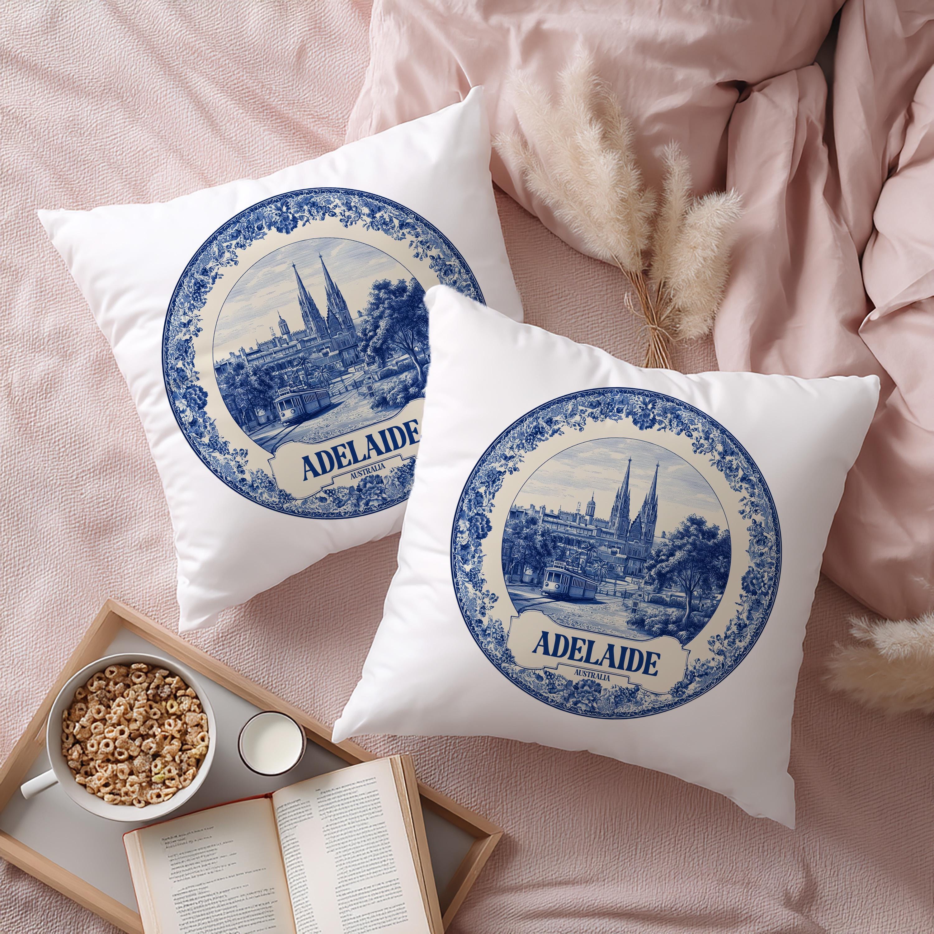 Adelaide Australia Pillowcase, Delft Style Decorative Throw Pillow, Vintage Cityscape Retro Home Decor