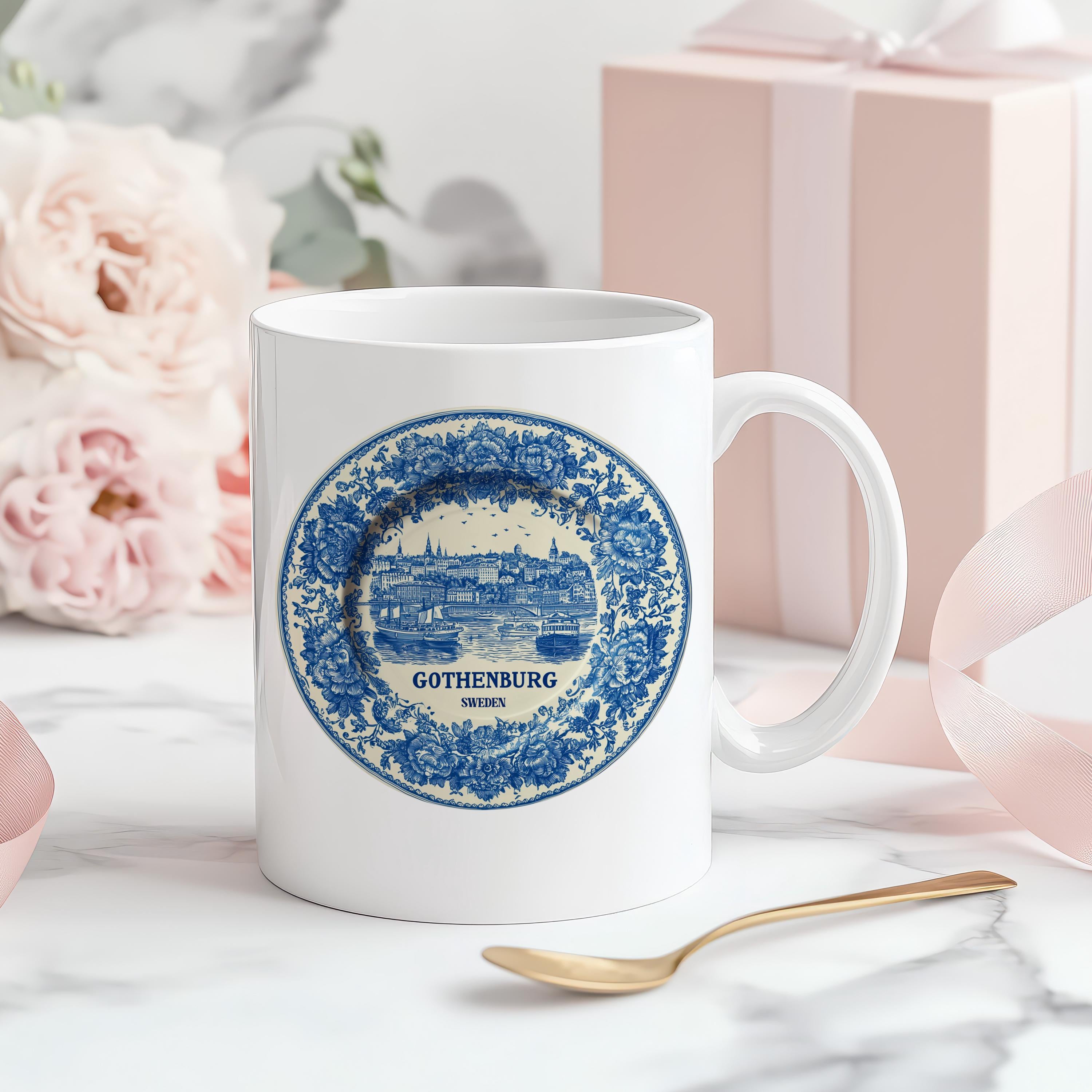 Gothenburg Sweden Mug, Custom Delft Style cup, Personalized Vintage Travel City Gift