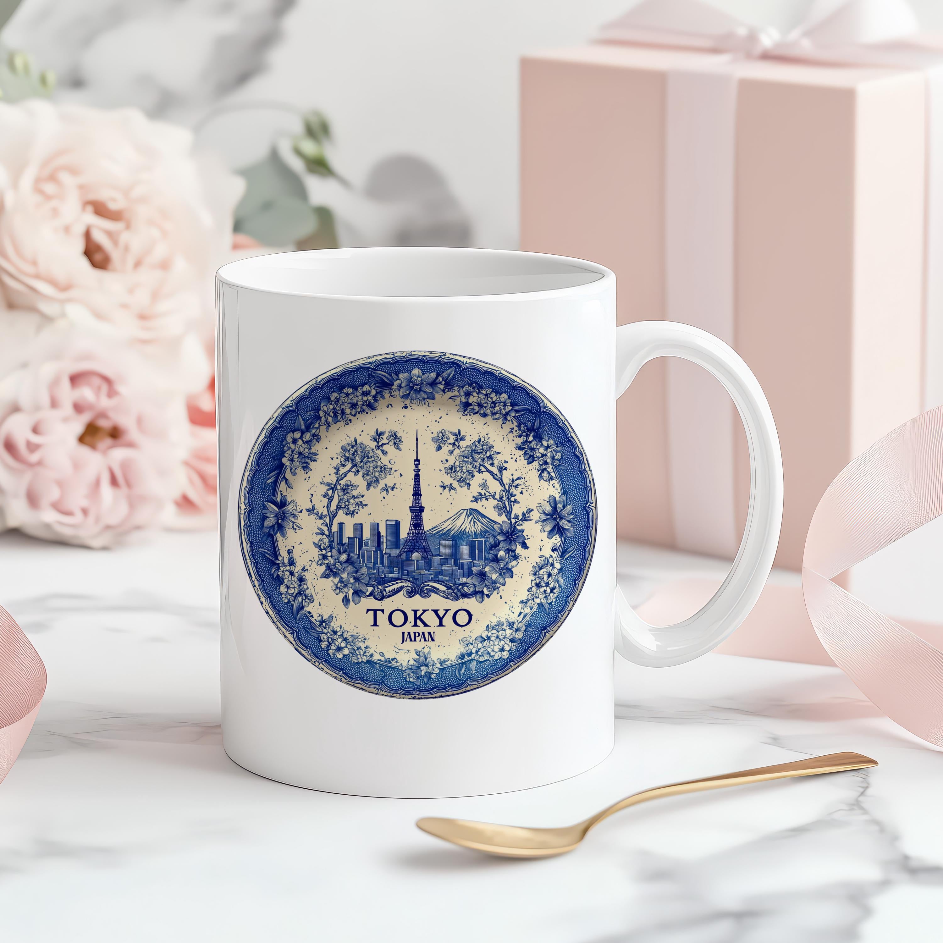 Tokyo Japan Mug, Custom Delft Style cup, Personalized Vintage Travel City Gift