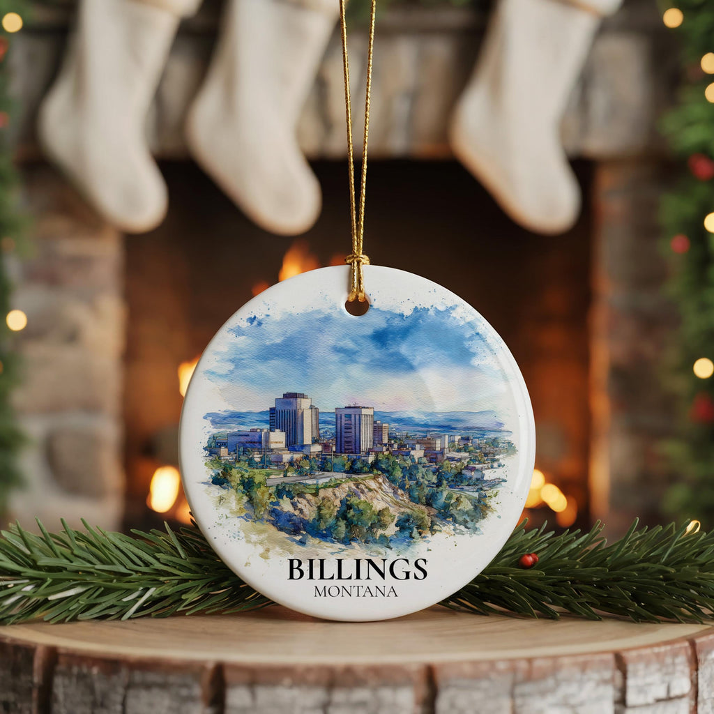 Billings Montana Personalized Watercolor Ornament, Custom Ceramic Christmas gift, Travel Keepsake